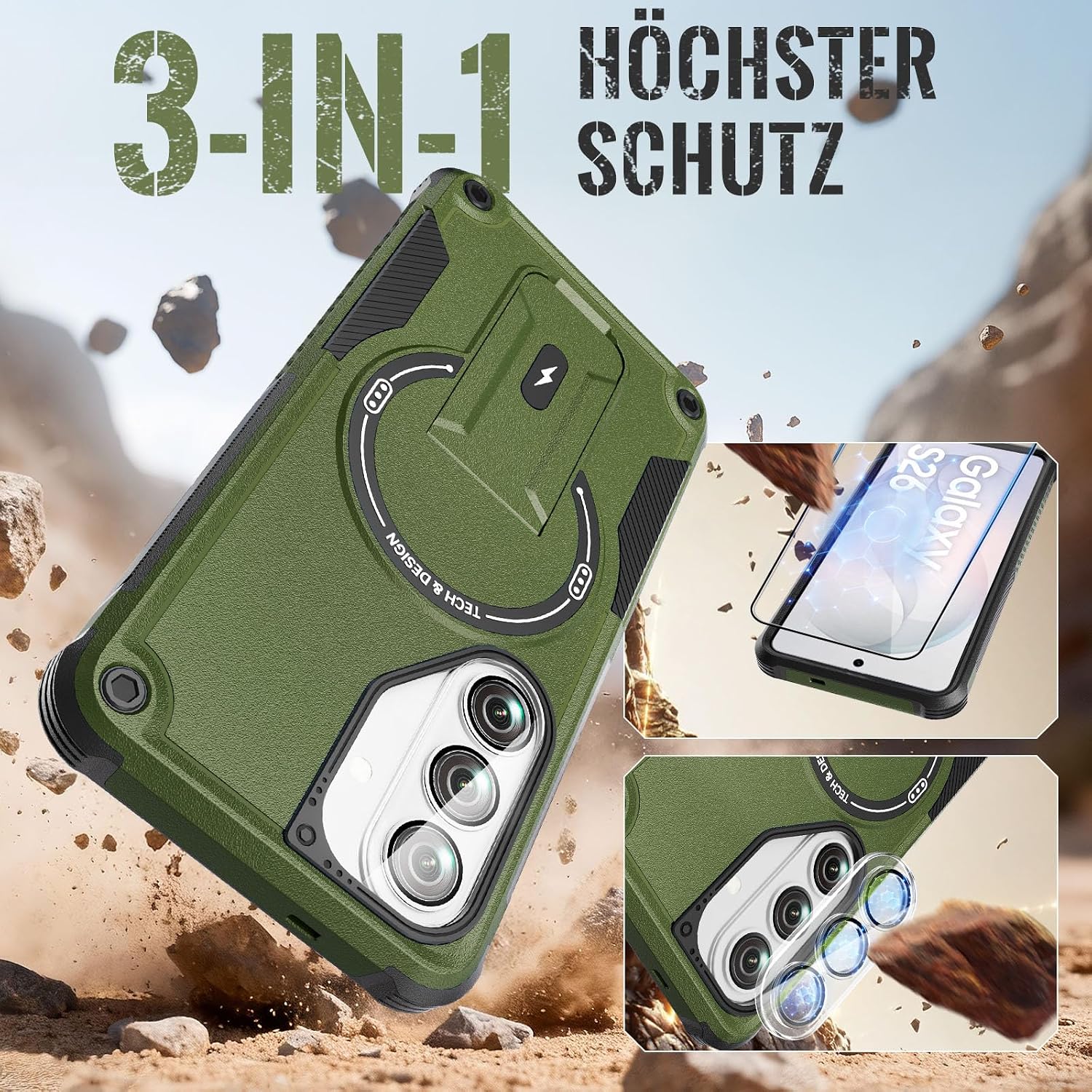 Detalle de Leedia Magnetische Hülle für Samsung Galaxy S26 – Dual-Layer Schutz mit verstecktem Ständer, 2 Displayschutzfolien & 2 Kameraschutz, Grün