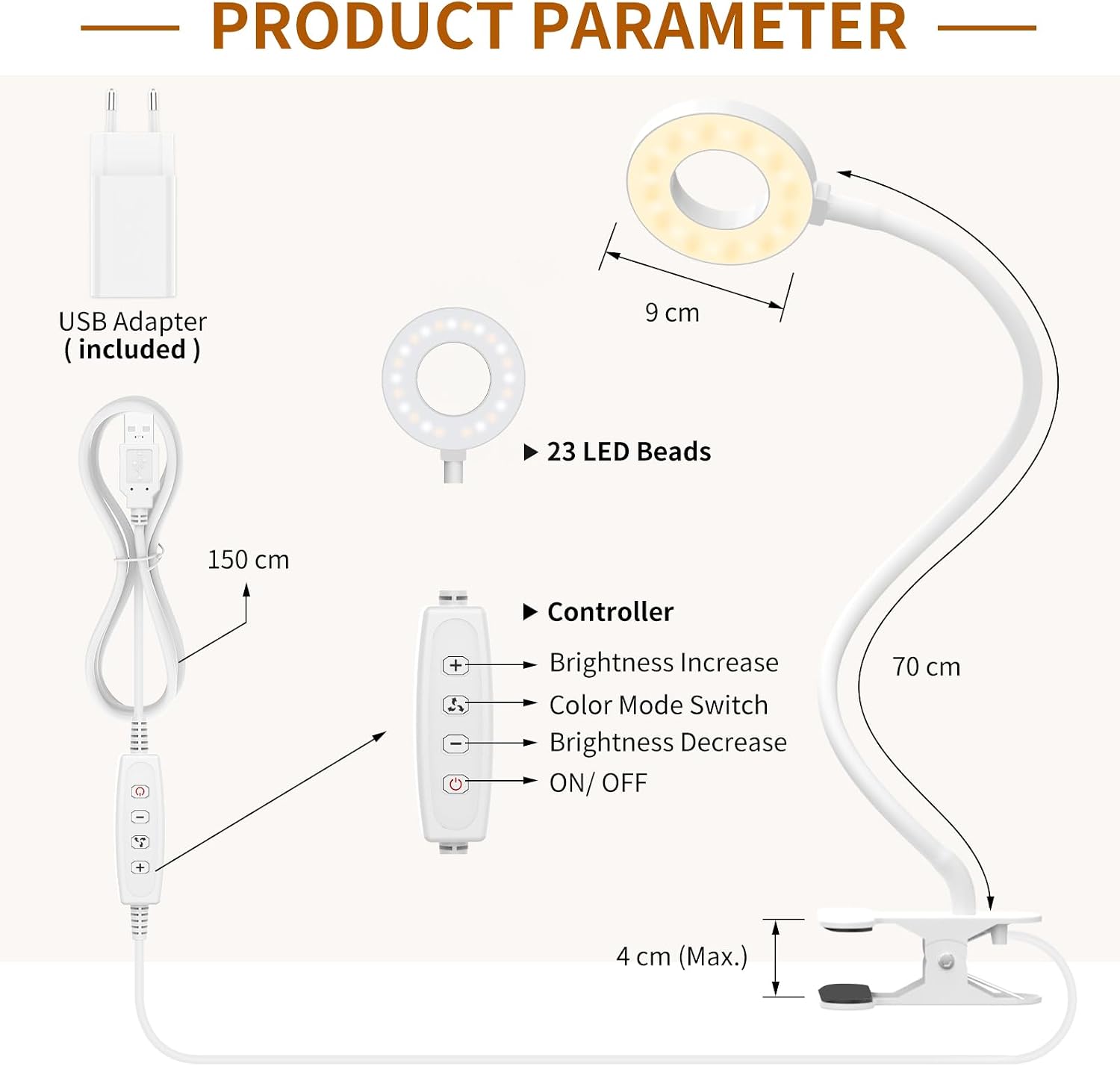 Detalle de iZELL 23 LED Leselampe mit Klemmbefestigung, dimmbar (3 Modi, 10 Helligkeitsstufen) und USB-Ladegerät