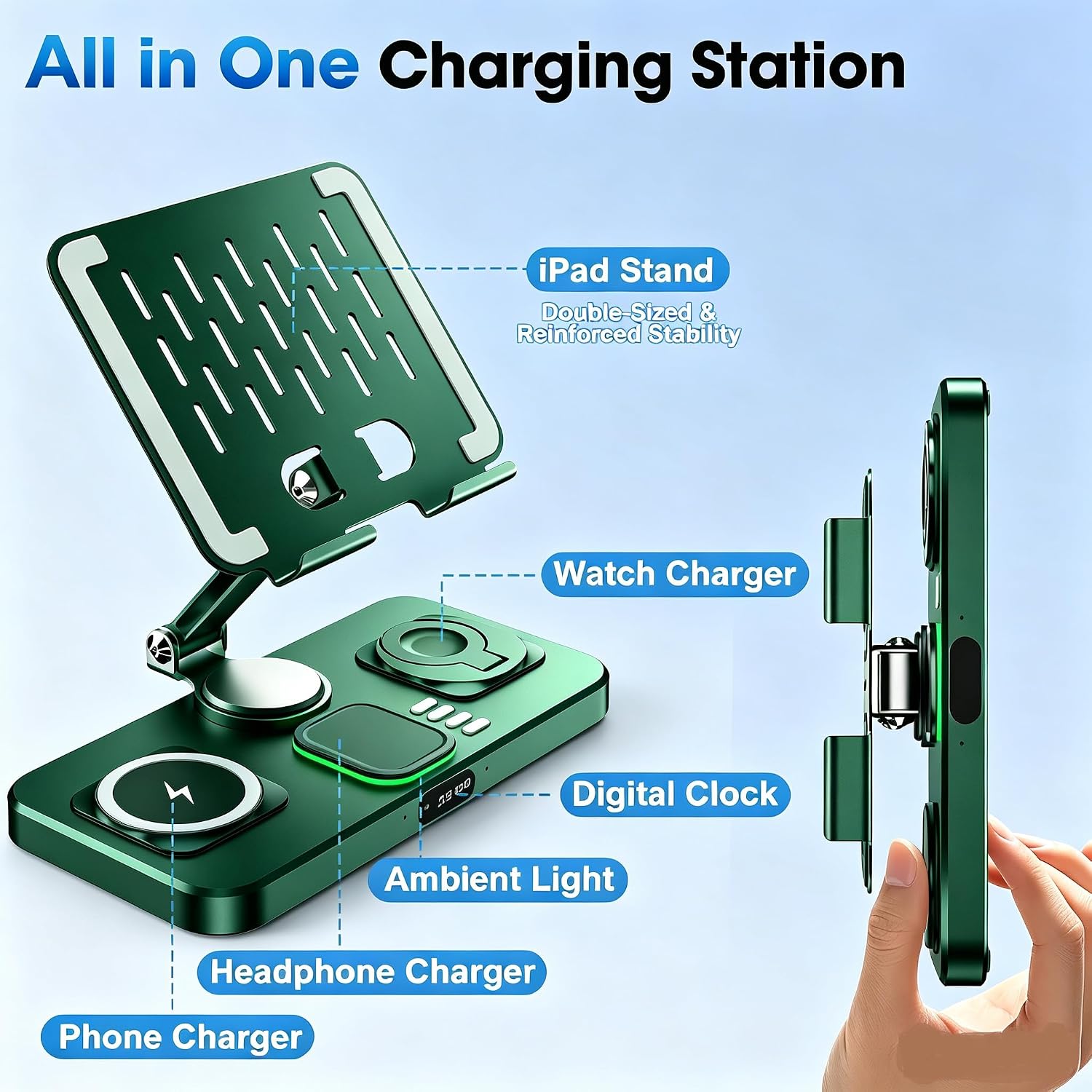 Detalle 2 de Opinta 6-in-1 Wireless Charging Station with Foldable iPad Stand, Clock & Light