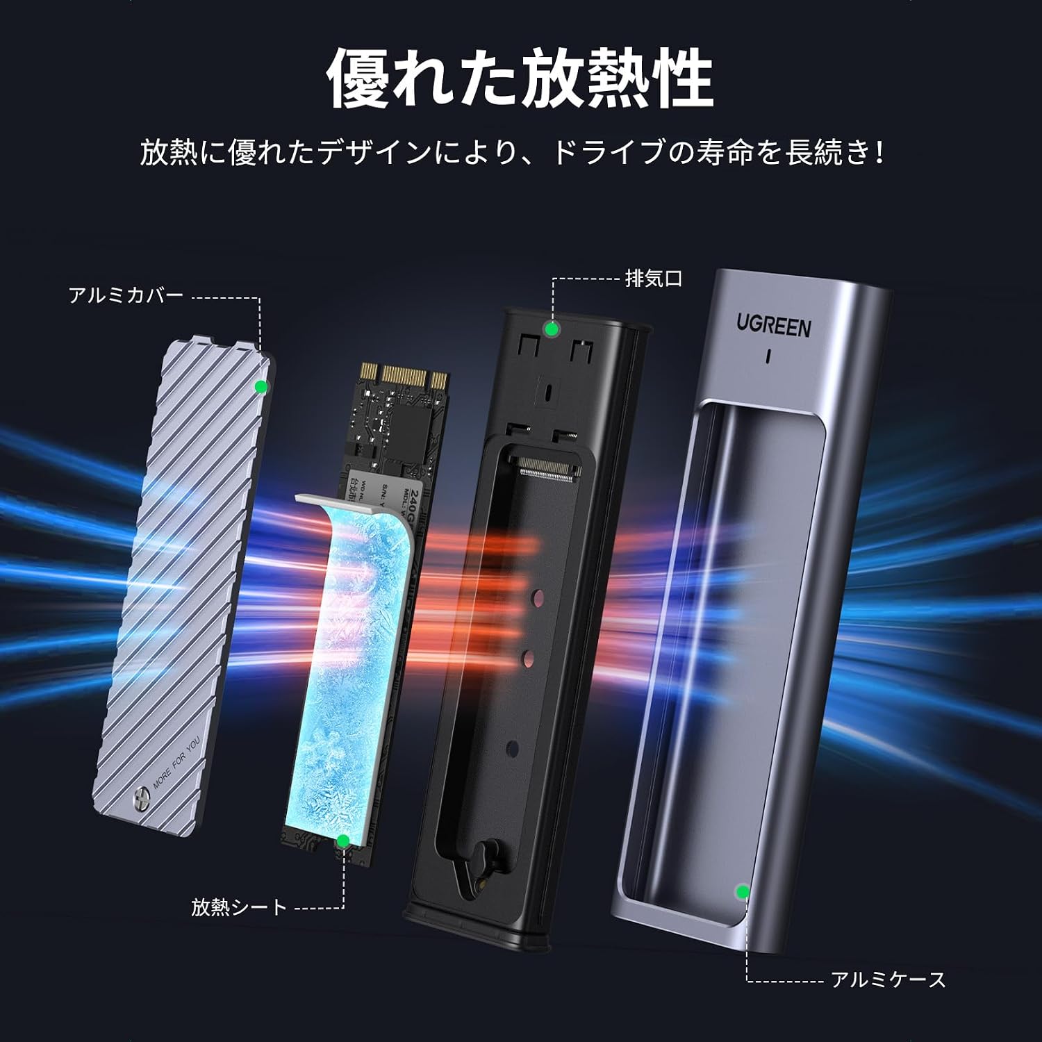 Detalle de UGREEN M.2 SSD外付けケース NVMe/SATA対応 USB 3.2 Gen2・10Gbps