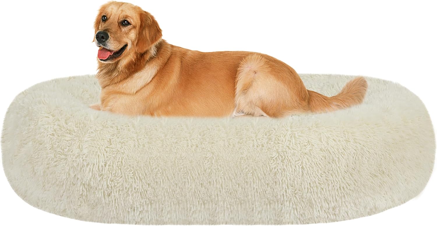 Detalle de HMTOPE Orthopädisches rundes Hundebett – Donut Kuschelkissen, 100 cm Ø, Beige, waschbar