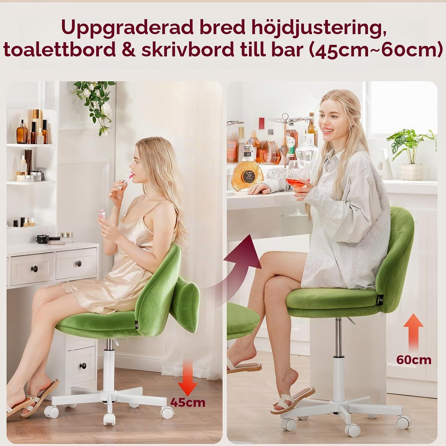 Detalle 1 de COMHOMA CH710-BE kontorsstol i grön sammet, höjdjusterbar och utan armstöd