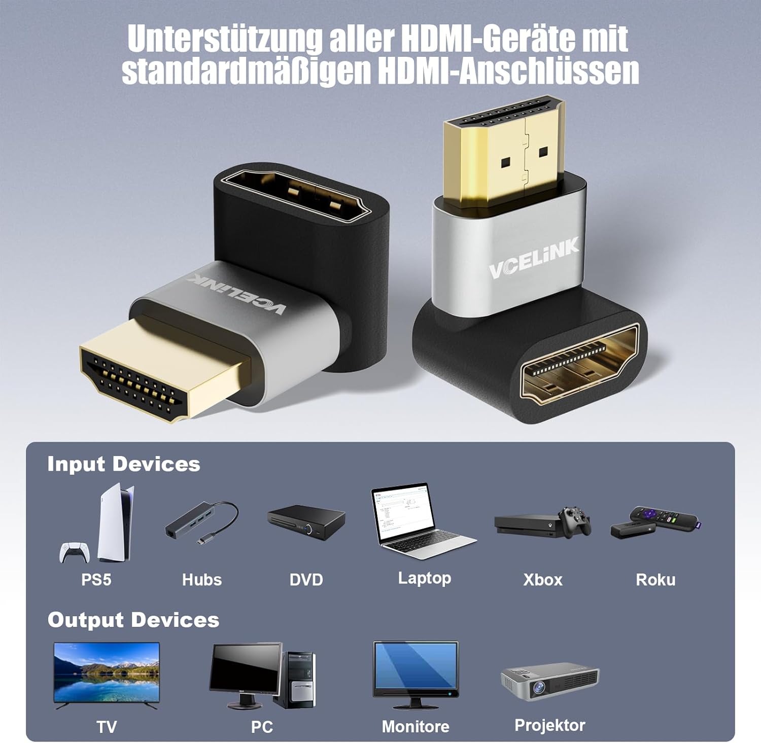 Thumbnail 5 de VCELINK 8K HDMI-Winkelstecker-Adapter (HDMI 2.1) mit 90°/270°, 8K@60Hz & 4K@120Hz, HDR/VRR/eARC – 2 Stück