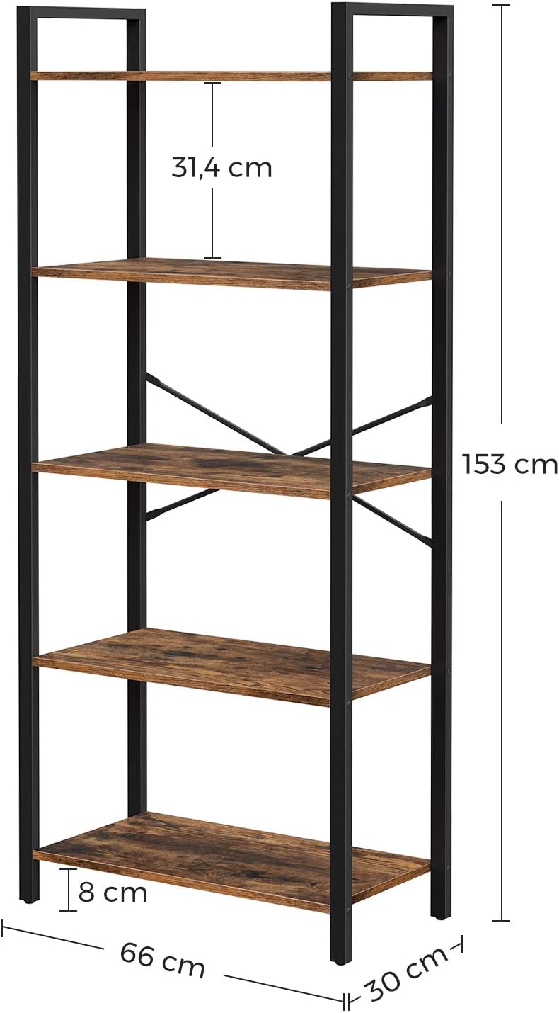 Detalle de VASAGLE LLS061B01 boekenkast met 5 planken, stalen frame, rustiek bruin-zwart