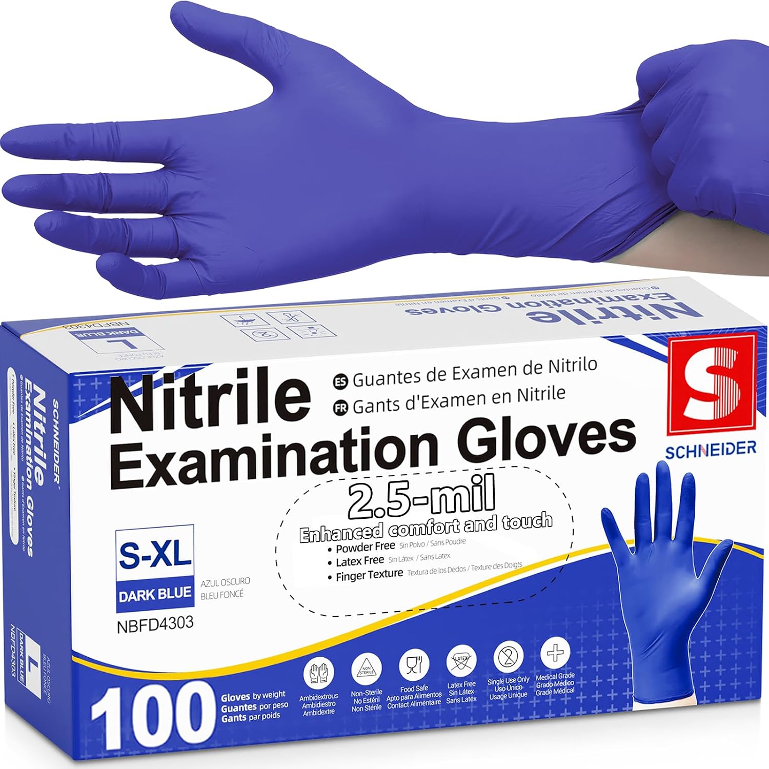Detalle de Schneider Nitrile Exam Gloves (Dark Blue) – Latex-Free, Powder-Free, Disposable Food-Safe Gloves