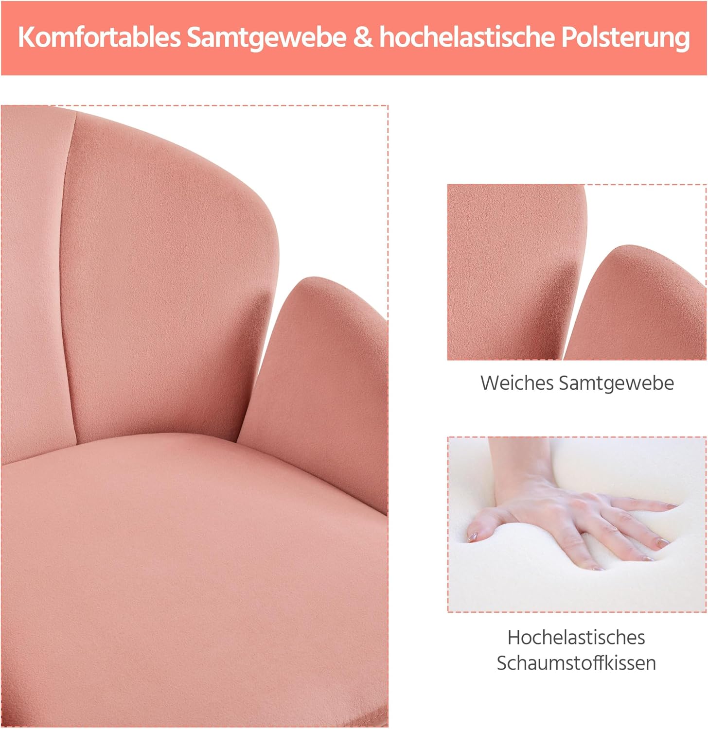 Thumbnail 6 de Yaheetech Homeoffice Drehstuhl mit Armlehnen, höhenverstellbar bis 136 kg (Hellrosa, Samt)
