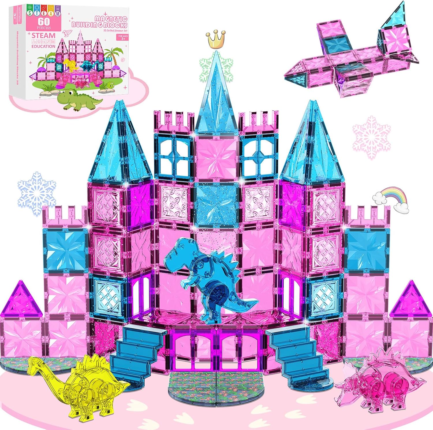 Detalle de UREC 60PCS Dinosaur Toys Magnetic Tiles for Girls: Pink Dino Magnetic Building Blocks (Ages 3-8)