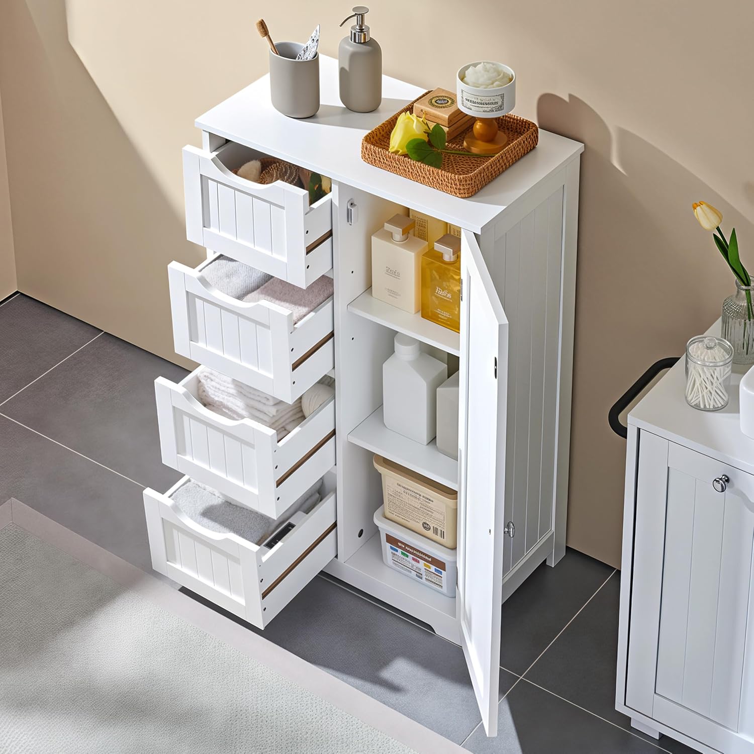 Thumbnail 4 de Yaheetech 611079 White Bathroom Floor Cabinet, 4 Drawers, Adjustable Shelf