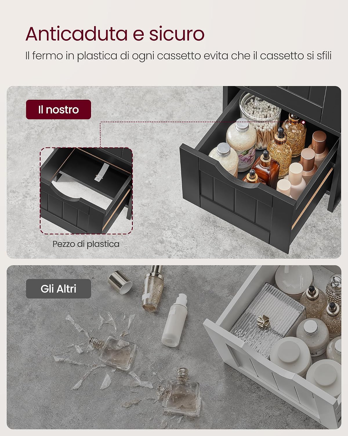 Detalle 2 de VASAGLE Mobile da Bagno LHC040B01 con 4 cassetti e stile moderno nero inchiostro, 30 x 30 x 82 cm