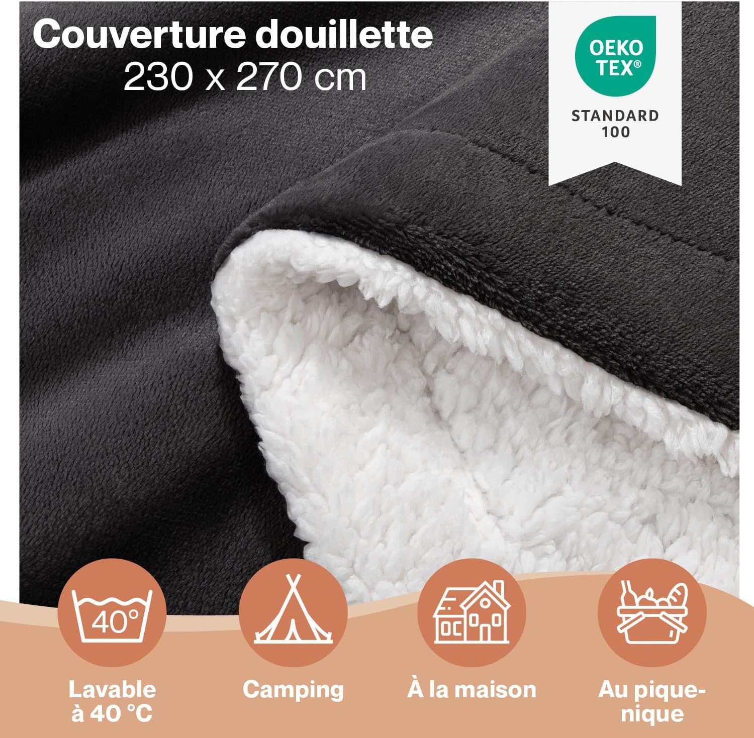 Thumbnail 1 de Blumtal Plaid polaire Sherpa 230 x 270 cm en anthracite certifié Oeko-TEX
