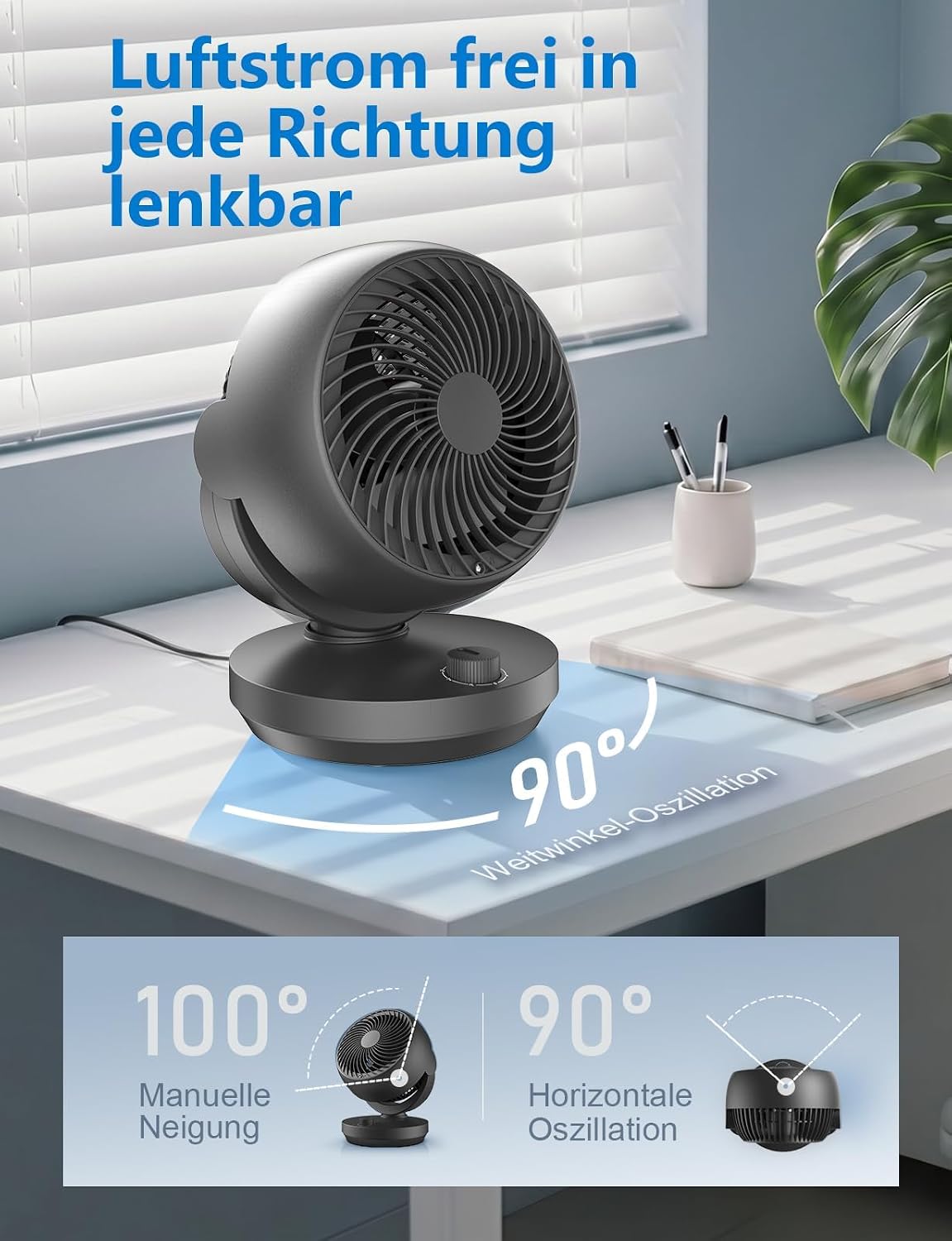 Detalle de Ventilator Leise – Tischventilator mit 22 dB, 35W, 3 Stufen + 100°/90° Neigung, kompakt & leise für Schlafzimmer, Büro & Wohnzimmer bis 21 m²