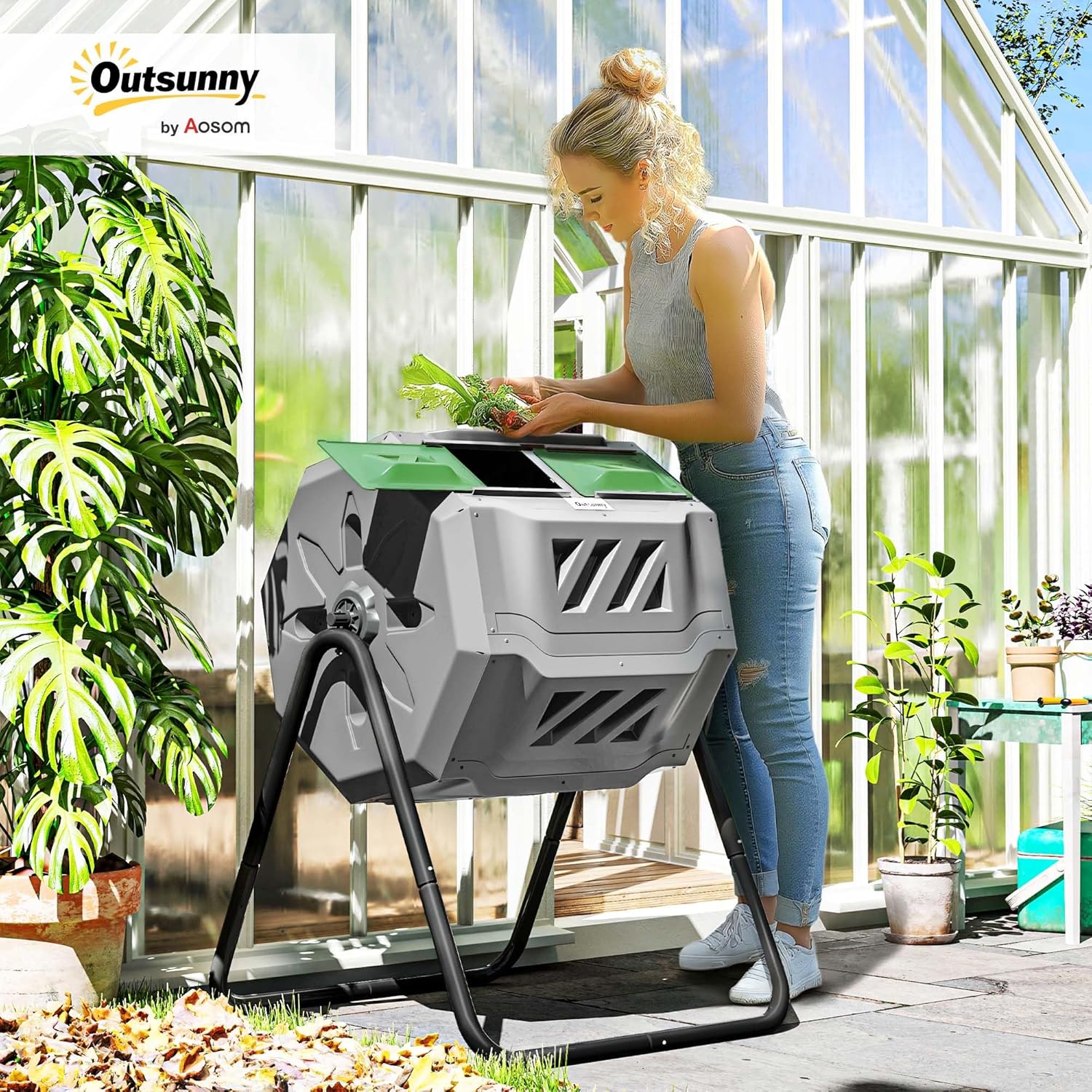 Detalle de Outsunny Composteur de Jardin – Bac à Compost 2 chambres 160 L, rotation 360°, gris