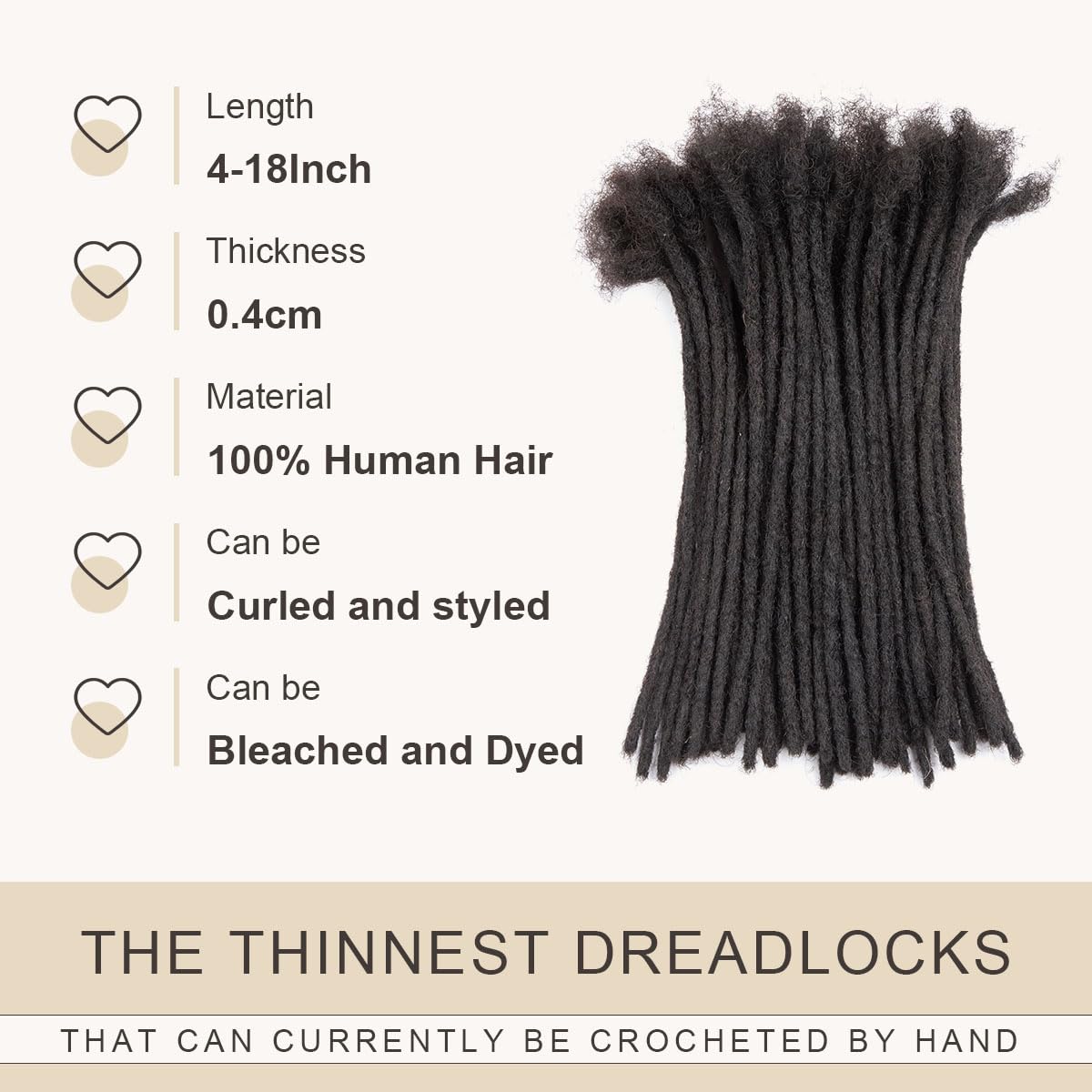 Detalle de DAIXI 0.4cm Dreadlock Extensions – 10 Inch, 60 Strands, 100% Human Hair