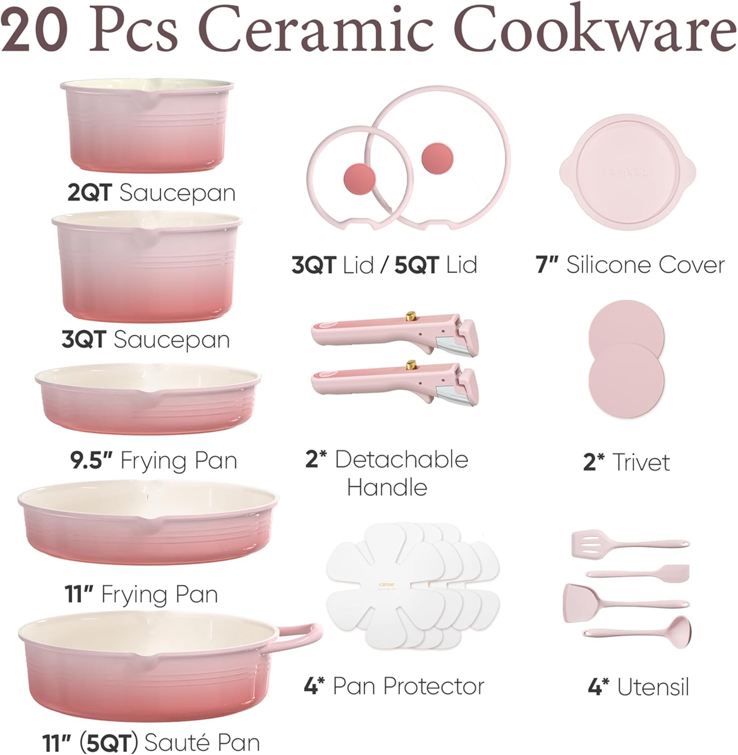 Detalle de CAROTE 20Pcs Titanium Cookware Set: Nonstick, Detachable Handles, Induction Safe