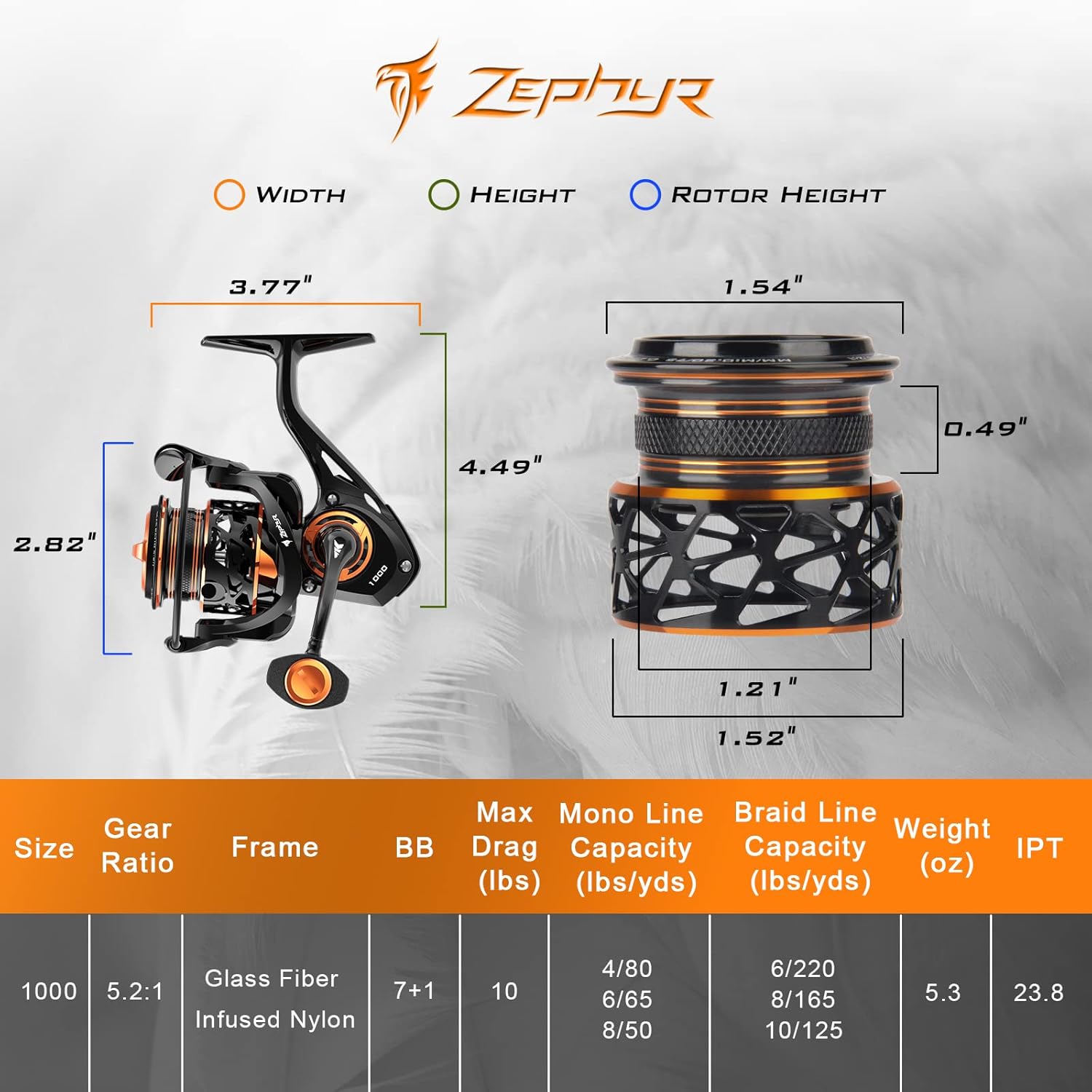 Thumbnail 6 de KastKing Zephyr Spinning Reels (7+1/6+1 BB) – Carbon Fiber Drag, CNC Spool, Sizes 500/1000 SFS (Black/Green/Orange)