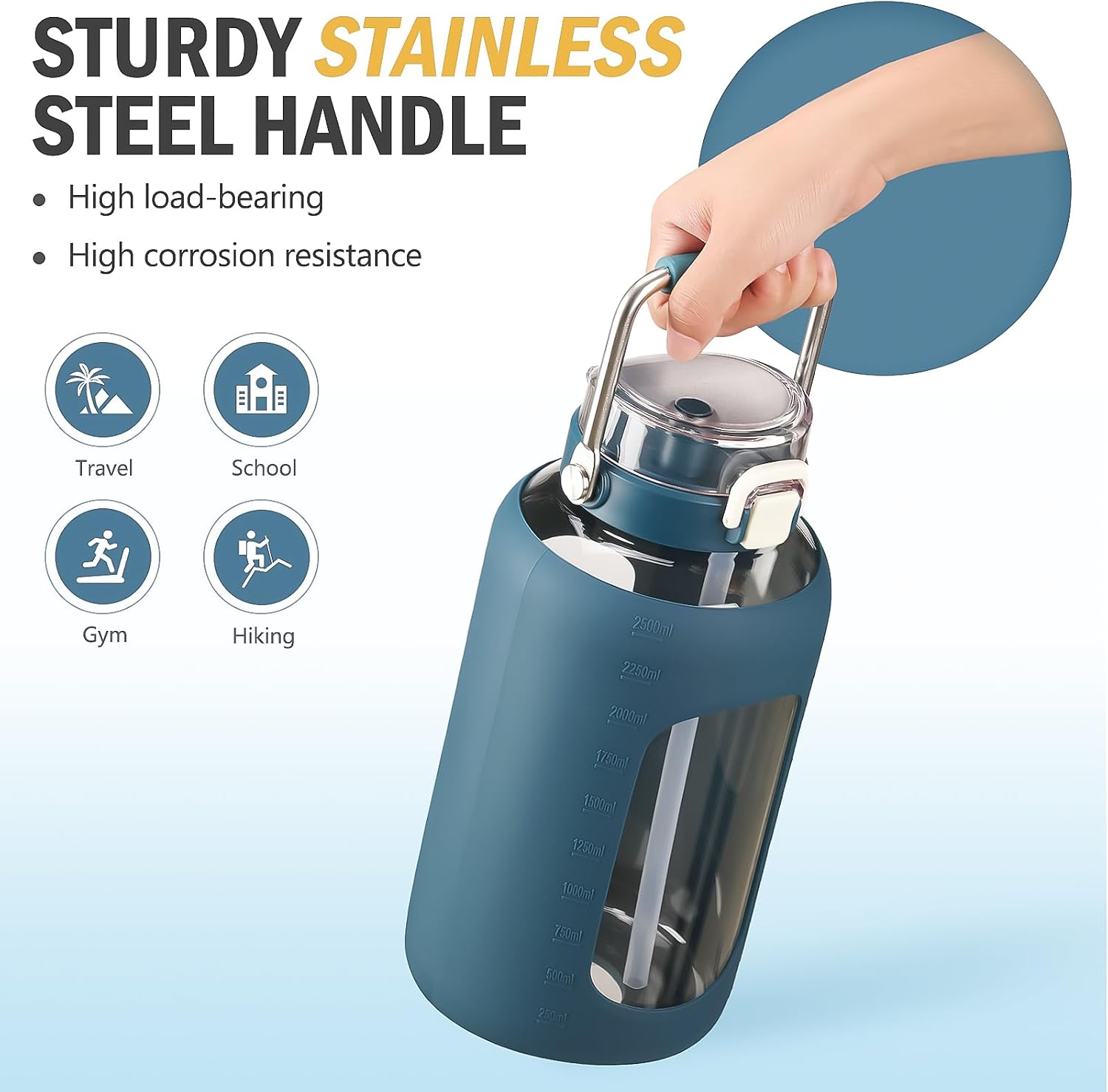 Detalle de BLUEGO 2.5L Glass Water Bottle with Stainless Steel Handle (Dark Blue) – 2500ml BPA-Free