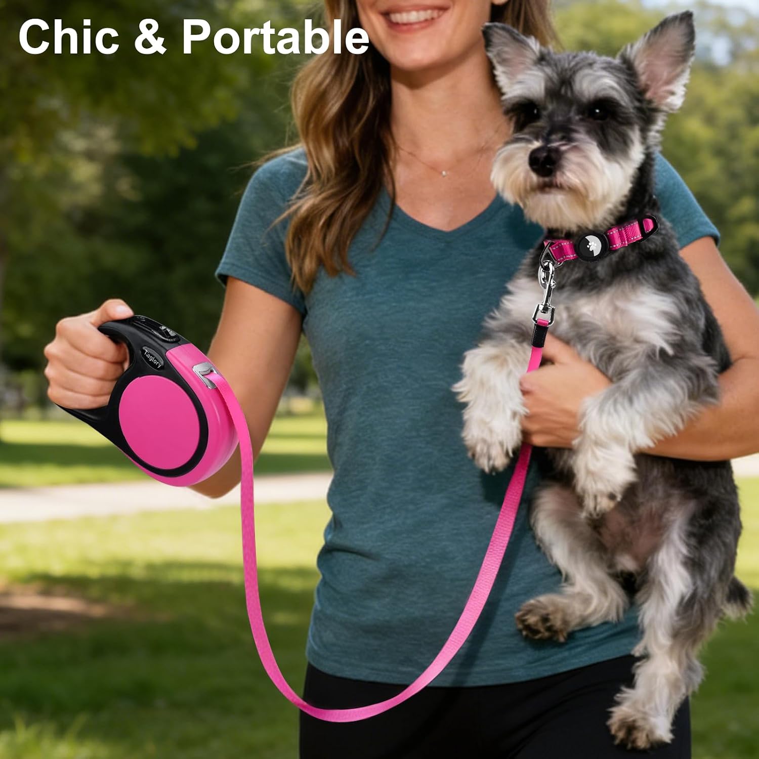 Detalle de Taglory Retractable Dog Lead 5 m (Extendable No-Tangle Nylon Tape) – Pink, up to 20 kg