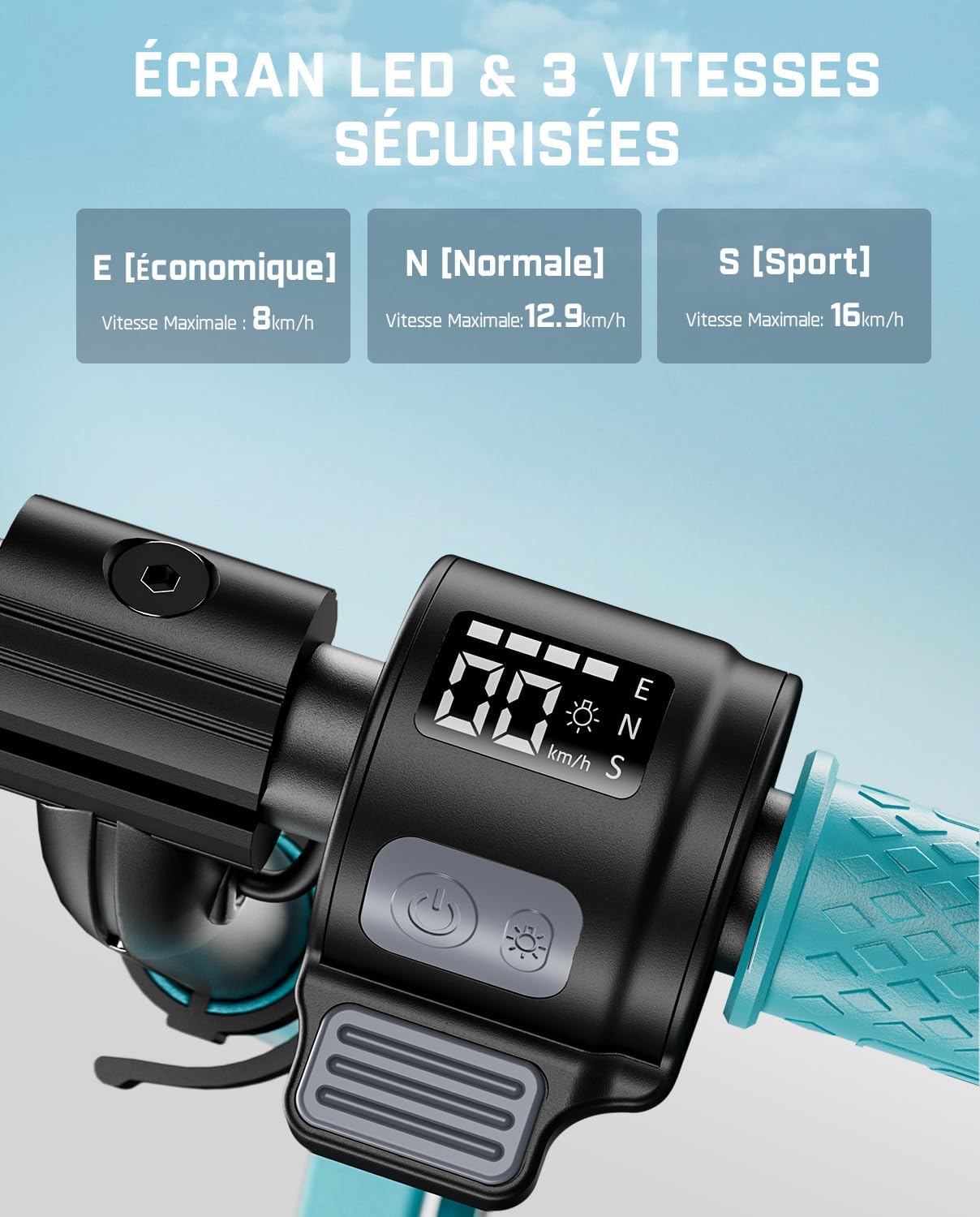 Detalle de FanttikRide C9 Apex trottinette électrique enfant (1,2–1,6 m) Bluetooth, lumières arc-en-ciel, 8/13/16 km/h