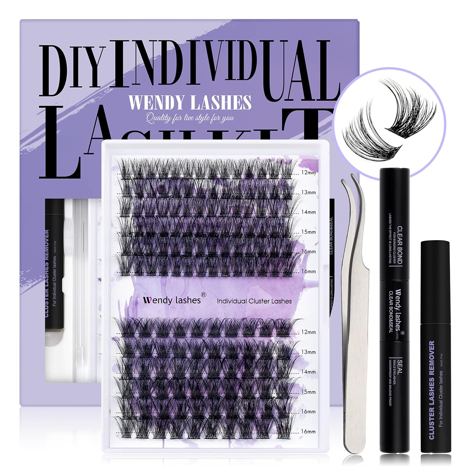 Detalle de Einzelwimpern-Set Cluster (C-Curl) C3/C9, 0,07 mm, 12–16 mm – DIY-Wimpernverlängerung zum Selbermachen