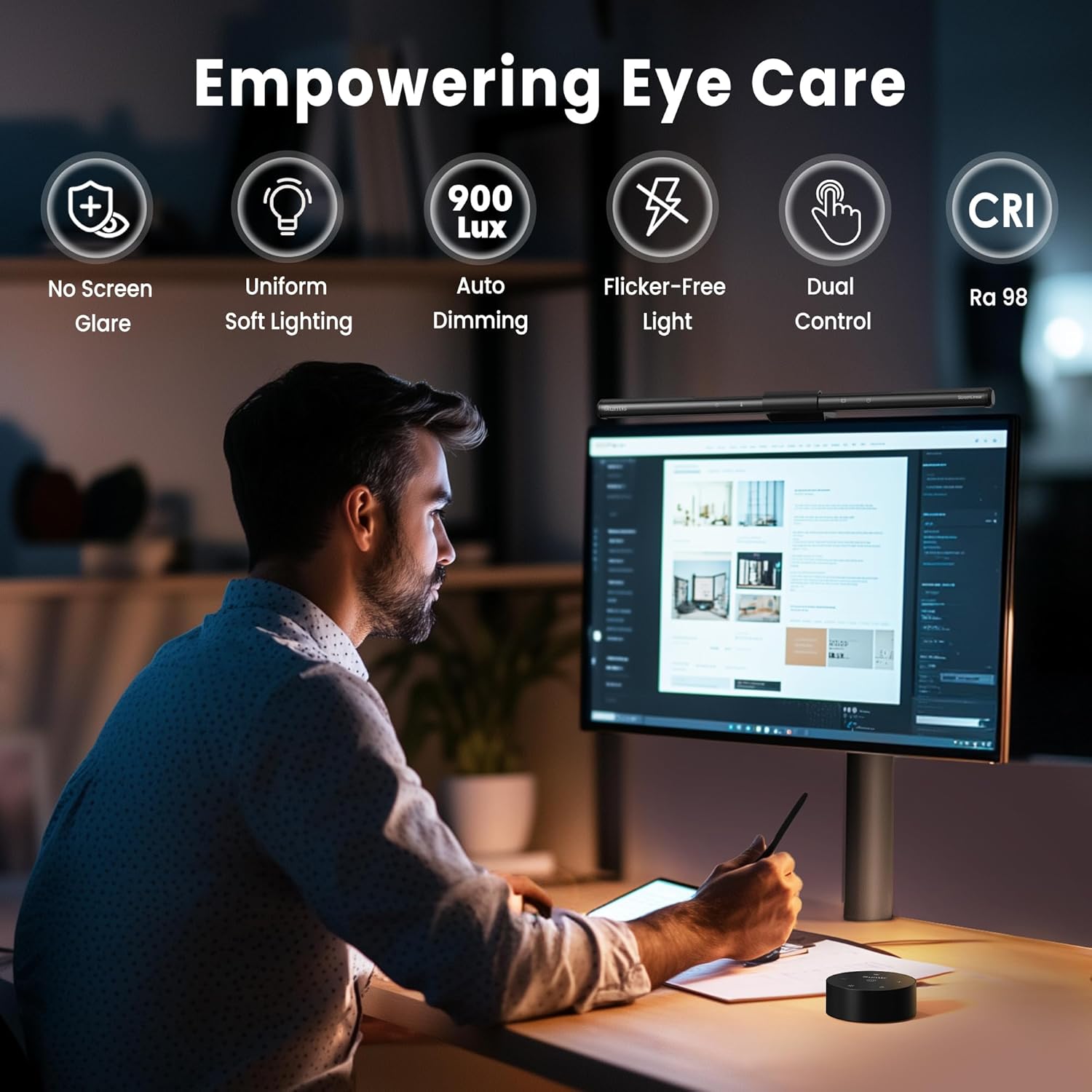 Detalle de Quntis Computer Monitor Lamp: Eye-Friendly, Flicker-Free Desk Light with Auto-Dimming
