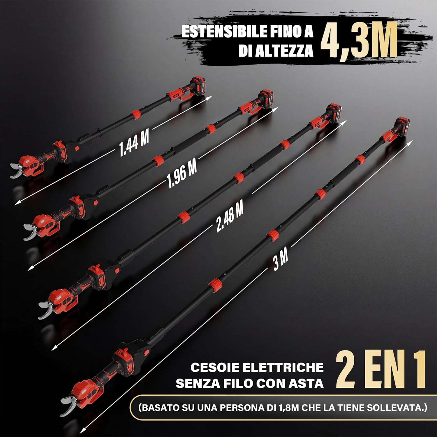Thumbnail 1 de TEENO Forbici da potatura a batteria 2-in-1 con asta telescopica 3 m, 50 mm e motore brushless