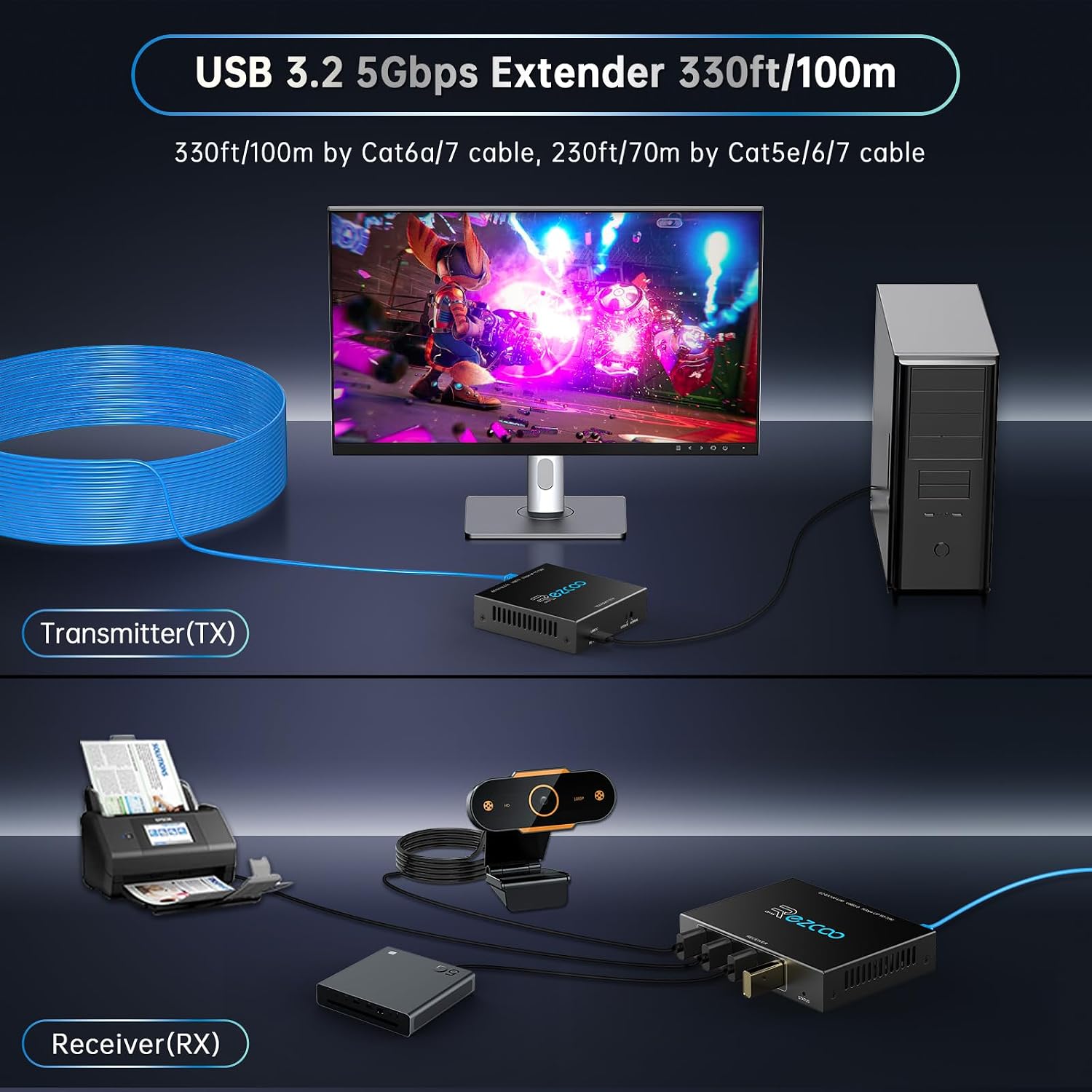 Thumbnail 1 de USB 3.2 Extender with 4-Port USB Hub over Cat5e/Cat6 (up to 70m / 229ft) with POE support