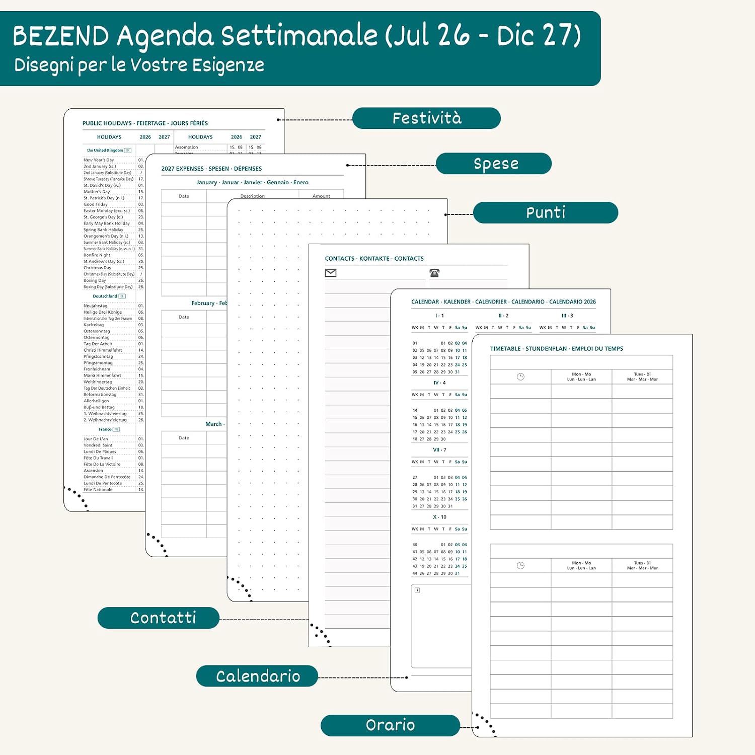 Detalle de BEZEND Agenda 2026/2027 Settimanale Taschibile: 18 mesi, layout orizzontale e copertina in pelle PU marrone
