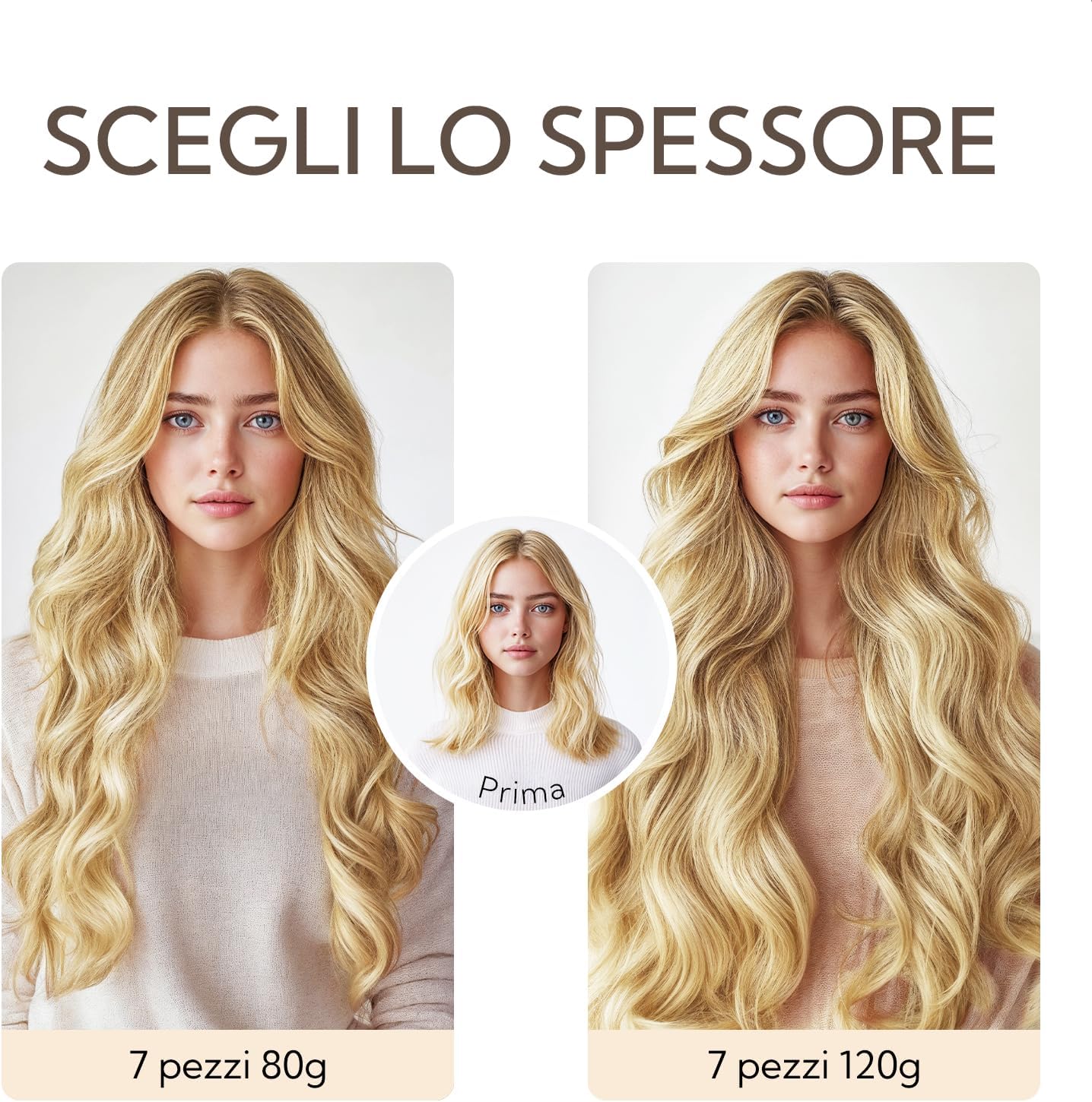 Detalle de HOTBANANA Extension Capelli Veri Clip Castano Scuro fino a Castano e Biondo Sporco Evidenziato, 35 cm (7 pz, 120 g)