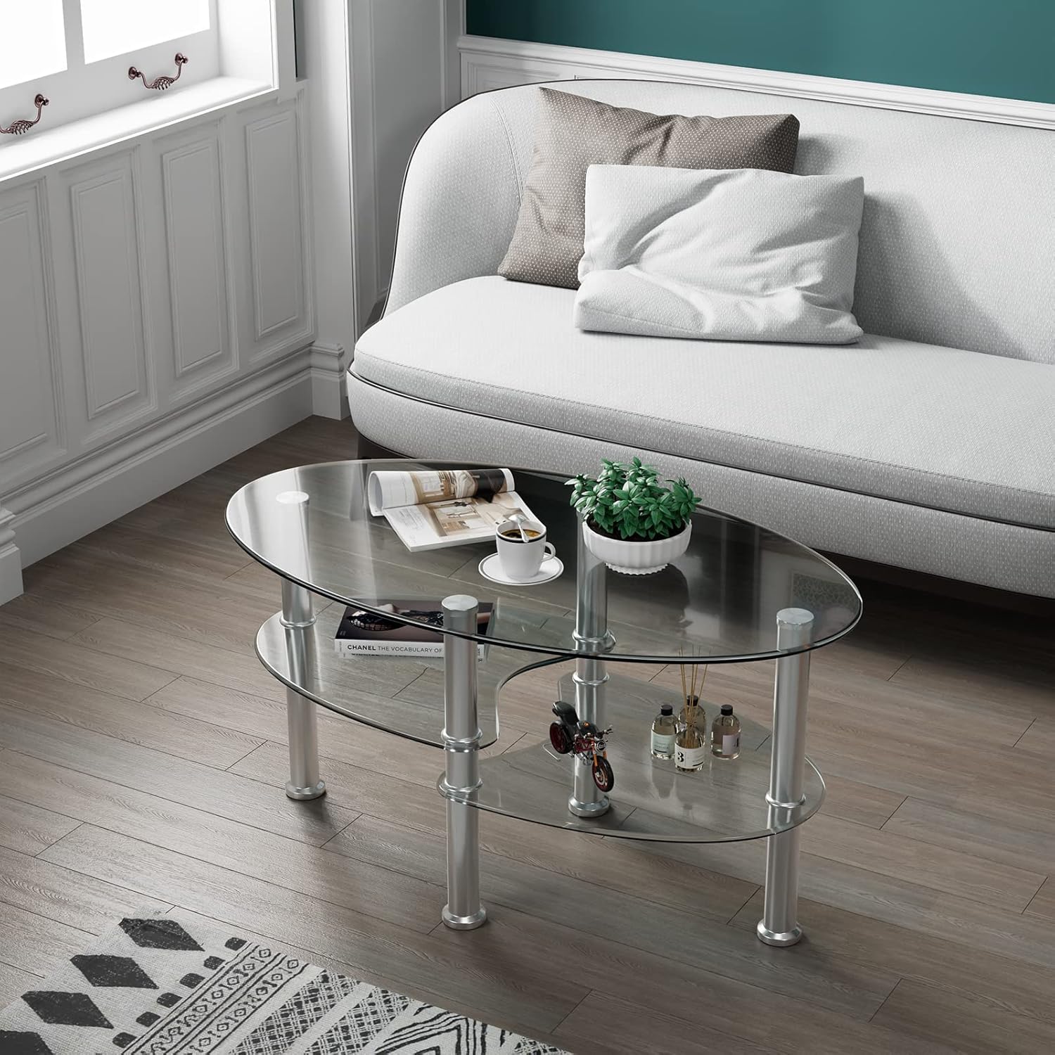 Thumbnail 1 de LIFEZEAL Table Basse Ovale en Verre Trempé – 3 Niveaux, cadre métal robuste, 90 × 50 × 45 cm