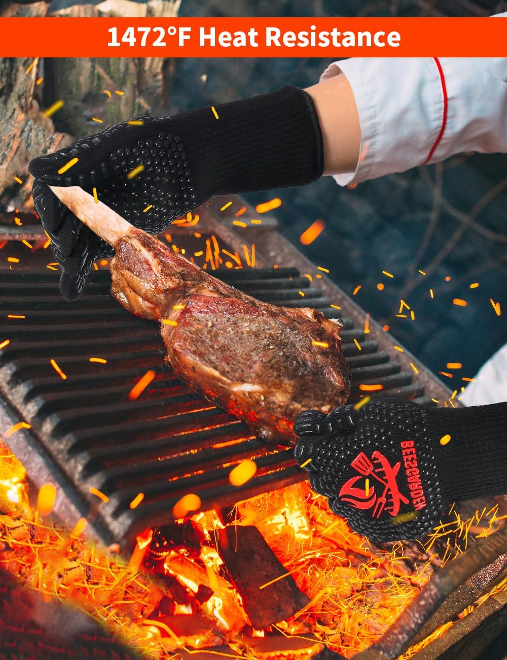Detalle de Beesgarden BBQ Gloves Extreme Heat Resistant 800°C – Silicone Non-Slip Oven Mitts