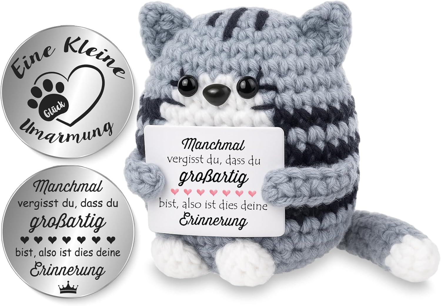Detalle de Tixlux Pocket Hug Positive Katze – handgemachte Strickfigur mit Glücksbringer, kleines Mutmacher-Geschenk