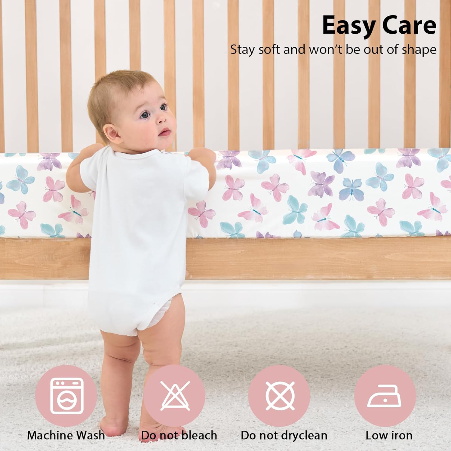 Thumbnail 6 de FIEMOL Cot Bed Sheets 140 x 70cm Fitted, 3 Pack – Pink Butterfly Flower