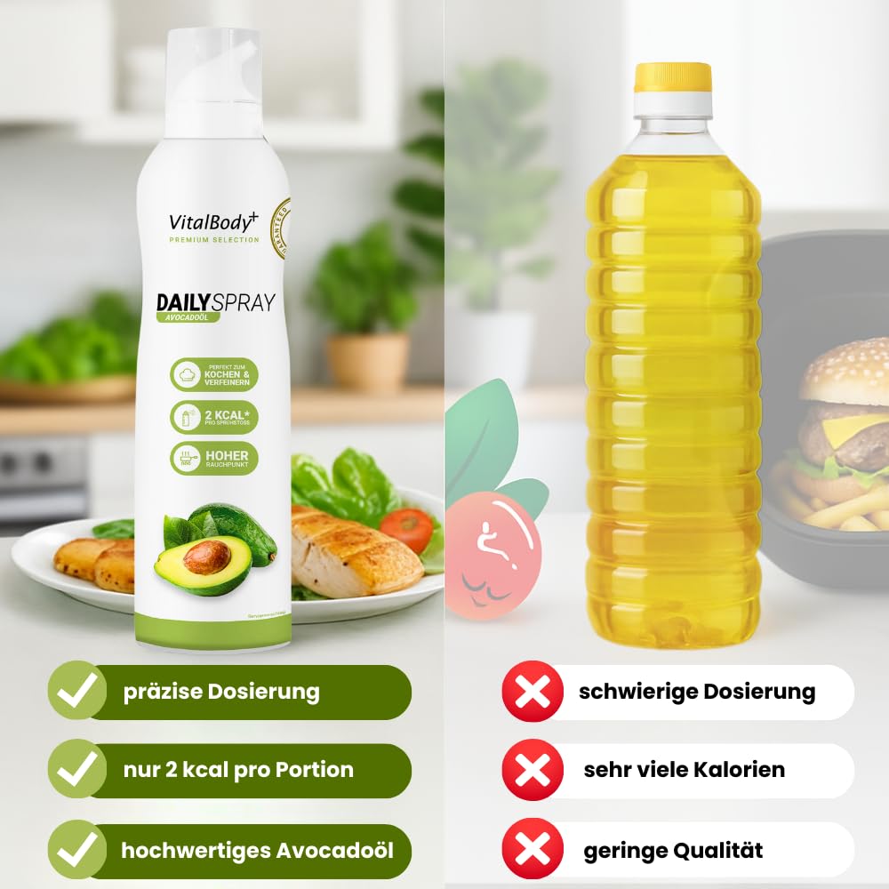 Detalle de VitalBody+ DailySpray Avocadoöl – 2 kcal pro Sprühstoß, kalorienarm, antihaftend für Airfryer, Braten & Grillen