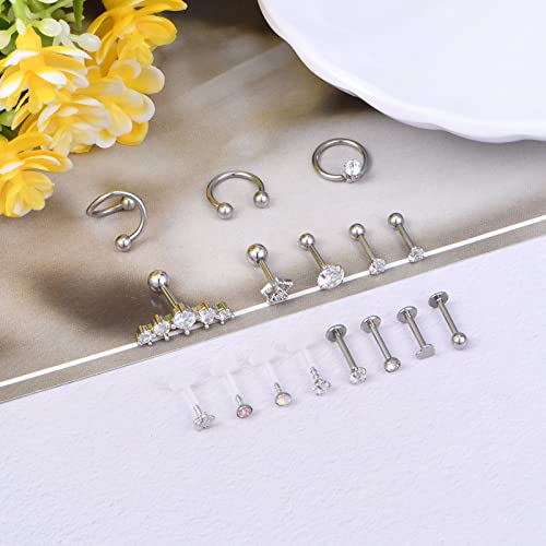 Detalle de Rajnard 16er-Tragus & Helix Piercing Set – Chirurgenstahl Silber, 16G CZ Barbell & Labret Monroe