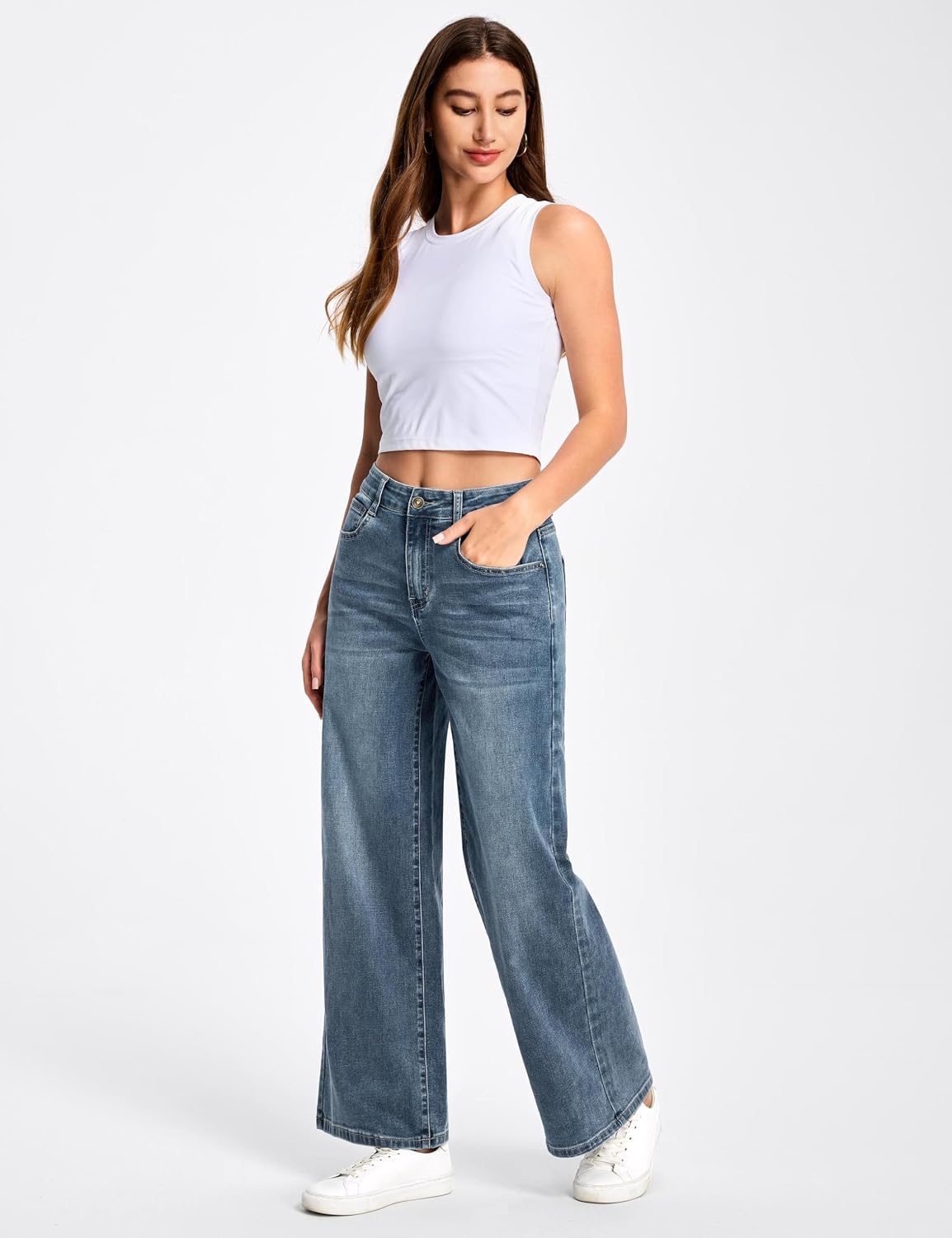 Thumbnail 5 de THE GYM PEOPLE Women's Baggy Jeans, Mid-Rise Wide Straight Leg Stretch Denim