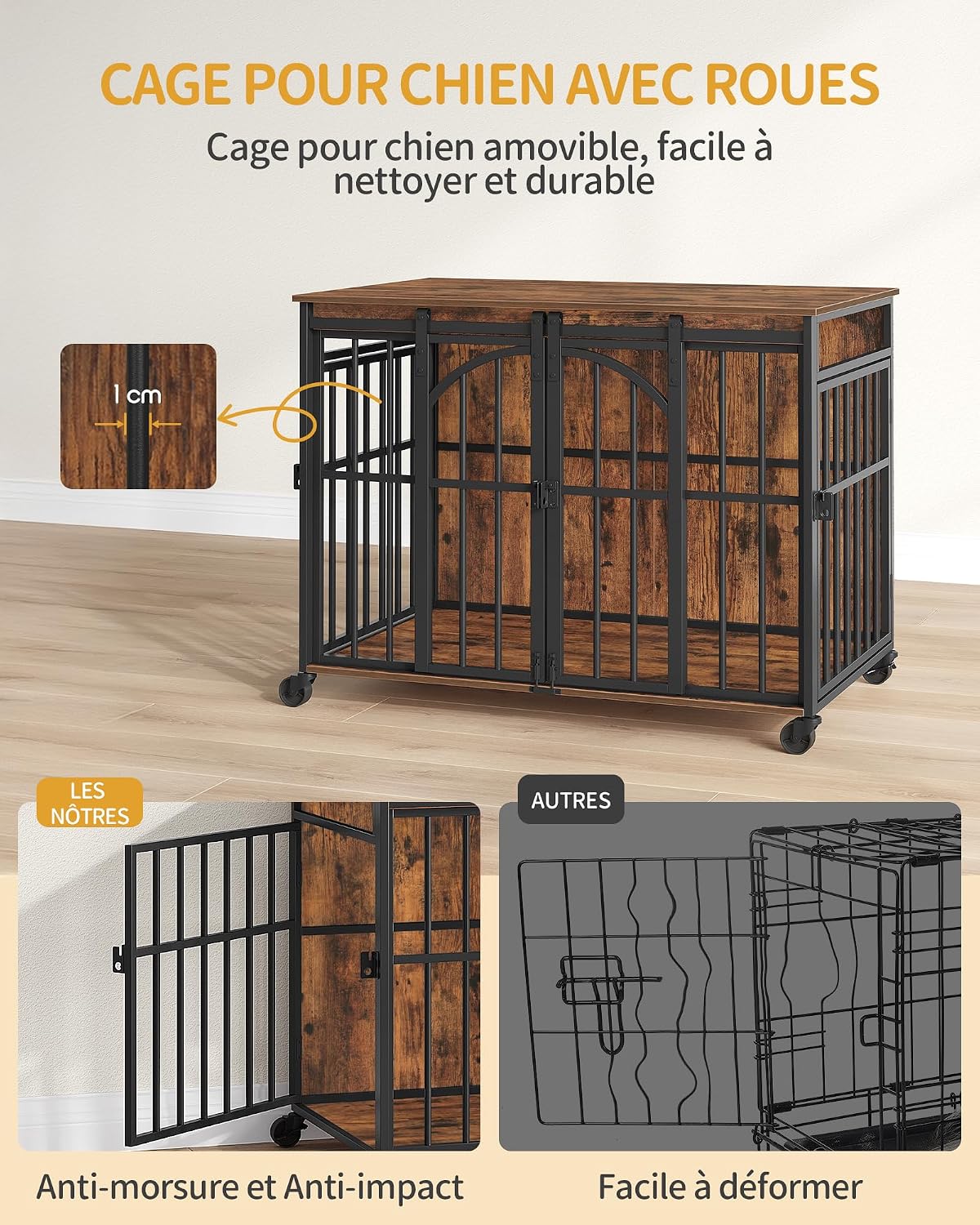 Detalle de Hzuaneri cage pour chien avec roulettes pivotantes 360° et porte coulissante, en bois (marron rustique)