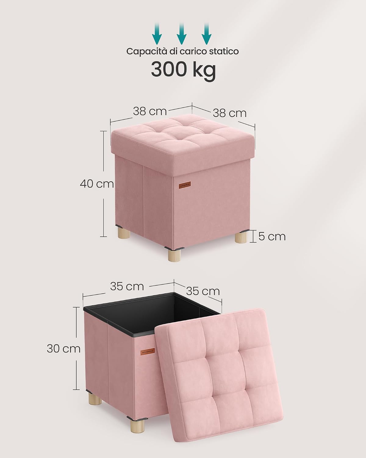 Detalle 1 de SONGMICS Pouf Contenitore 37 L rosa pastello