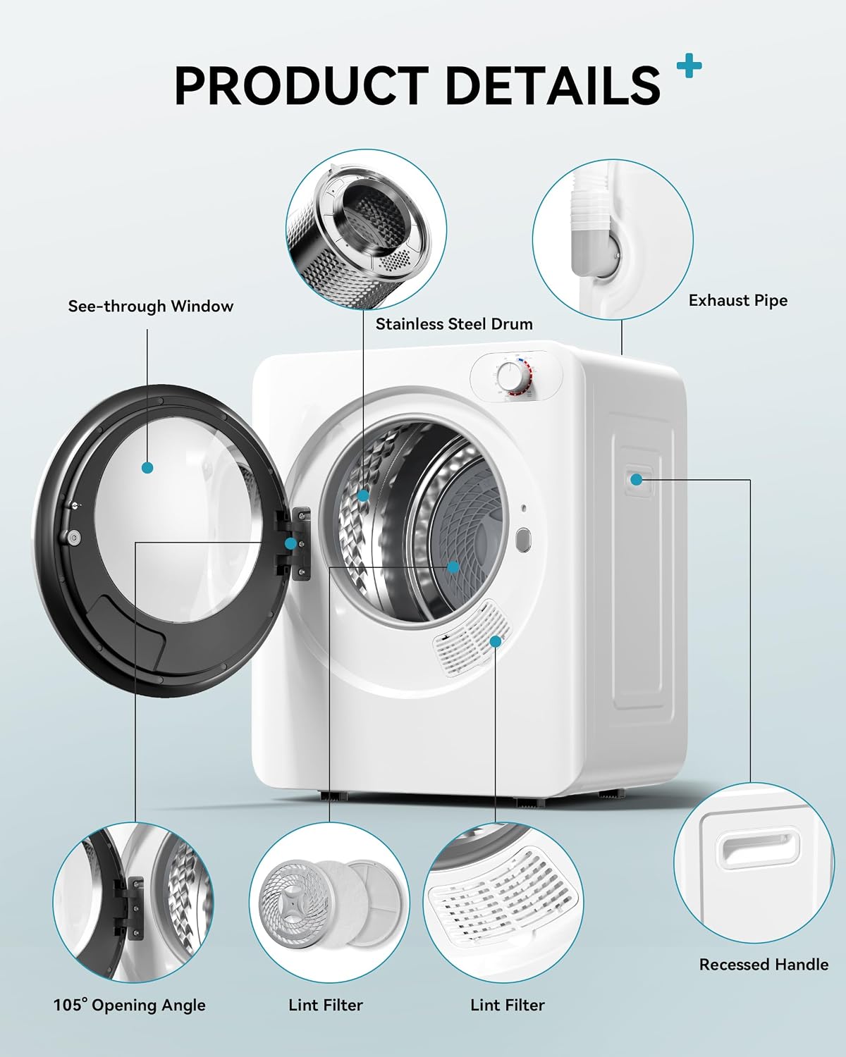 Detalle de EUHOMY CD009 Portable Clothes Dryer, 1.5 Cu. Ft., 850W, 5 Modes