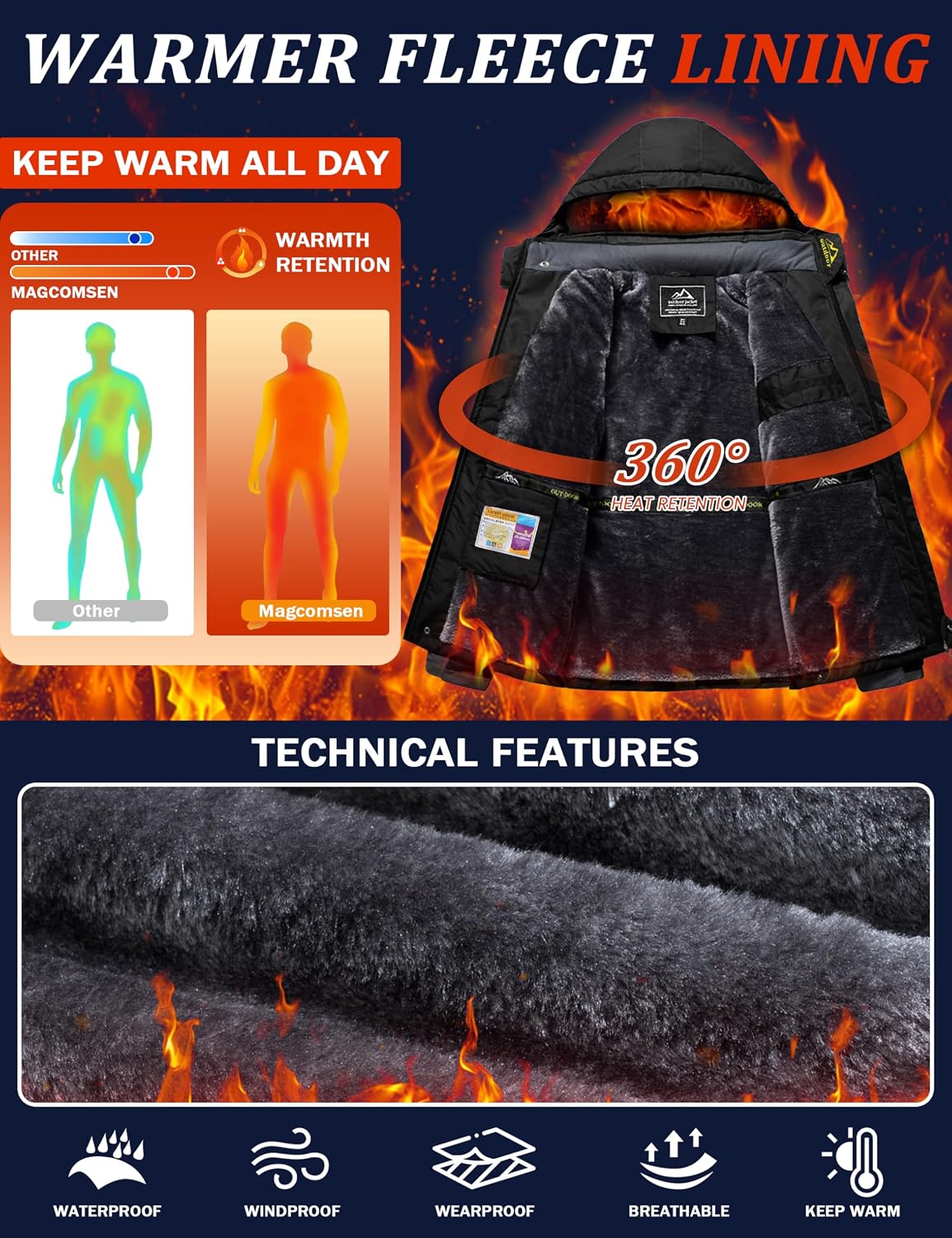 Detalle de MAGCOMSEN Herren Winter Fleecejacke wasserdicht