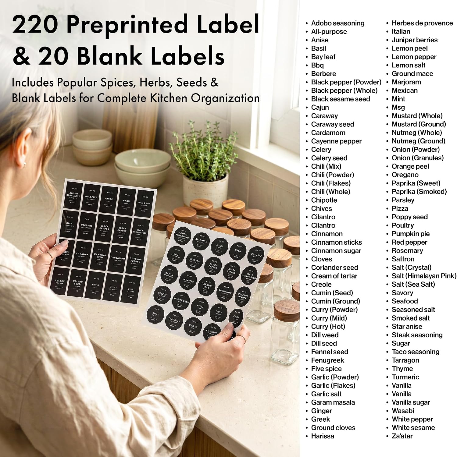Thumbnail 6 de EDELHAUS Square Spice Jars with Acacia Wooden Lid (Pack of 24) | Glass Containers with Shaker Inserts, 240 Labels, and Cleaning Brush