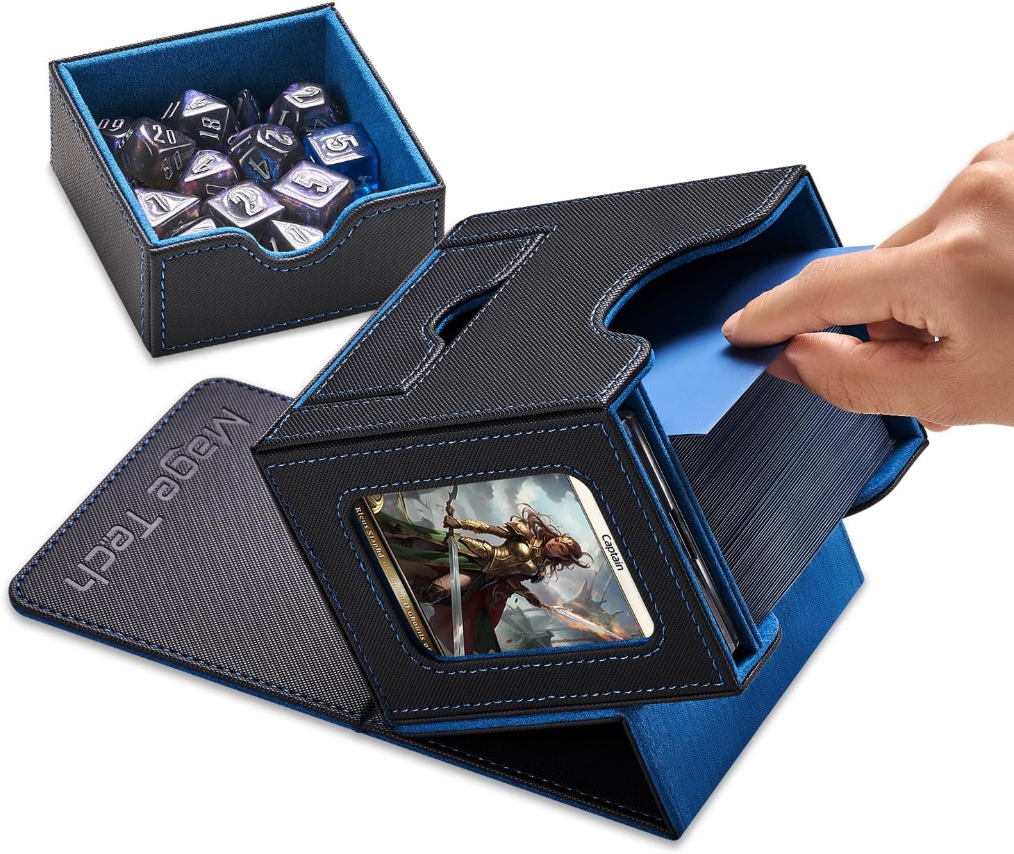 Thumbnail 6 de Mage Tech Commander Deck Box with 35pt Holder, Brick & Dice Tray (Black/Blue) — Fits 100 Double-Sleeved MTG Cards