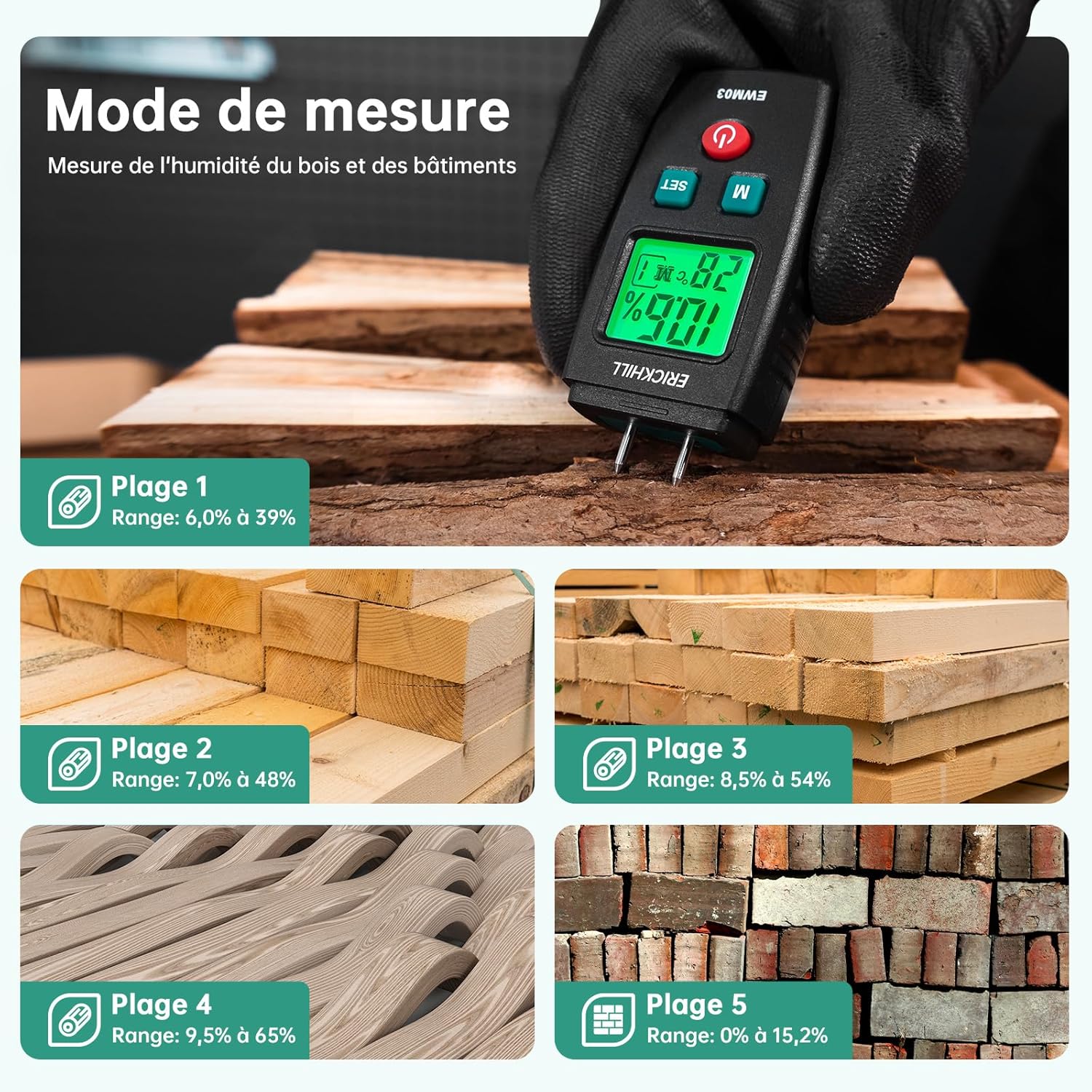 Thumbnail 1 de Testeur d'Humidité ERICKHILL EWM03 – Détecteur précis pour bois et matériaux de construction