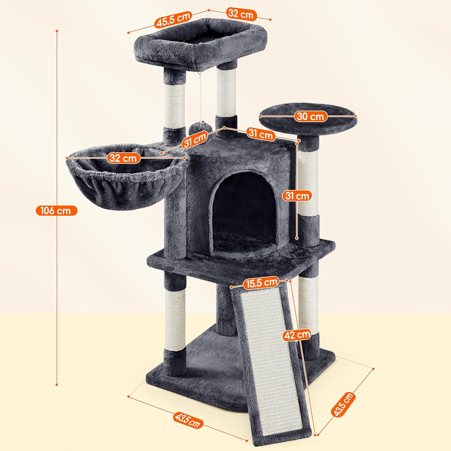 Detalle de Yaheetech 107cm cat tree climbing tower with scratching posts, condo and basket (dark grey)