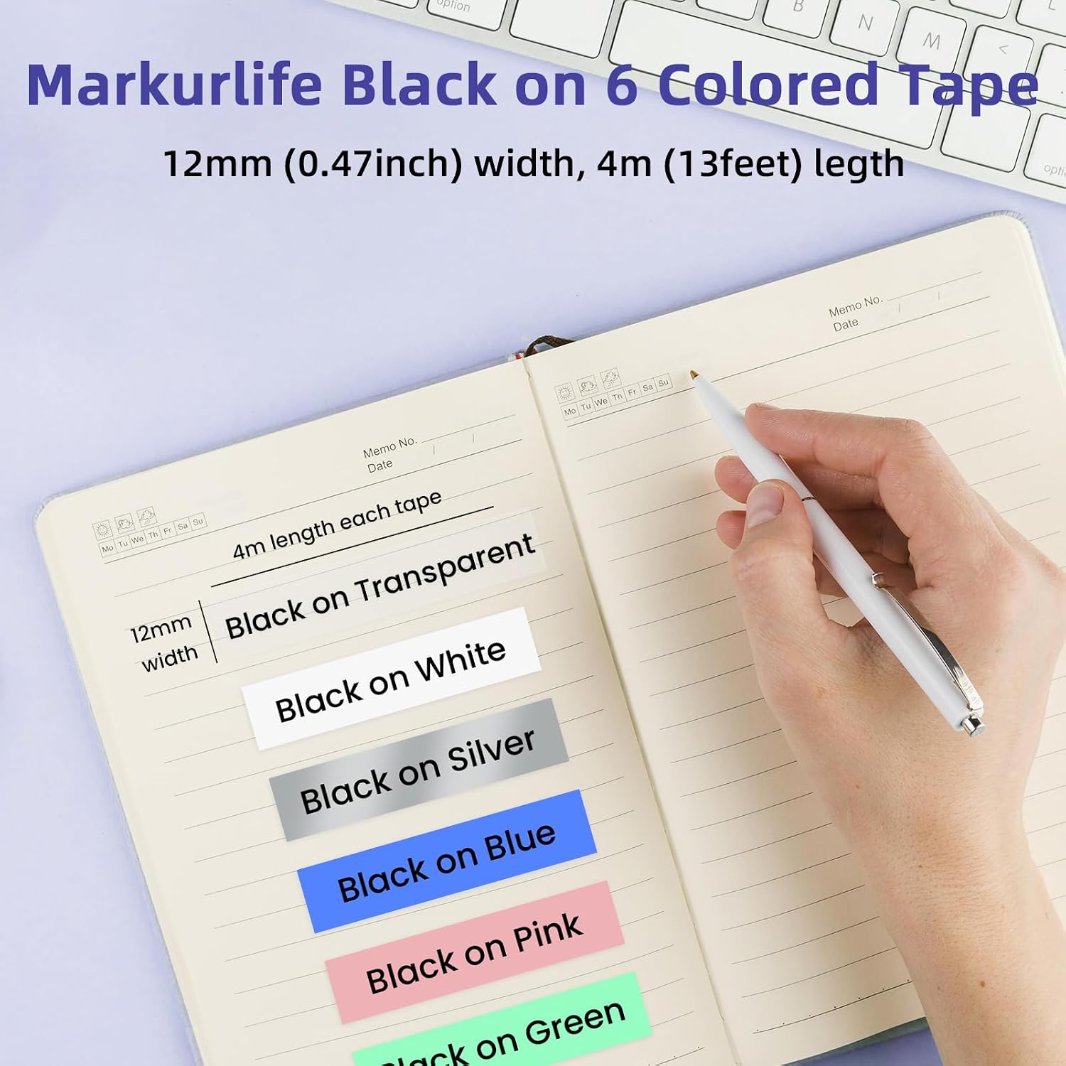 Detalle de Markurlife Etikettenband kompatibel mit DYMO LetraTag (12 mm x 4 m) – farbiges Plastikband im 6er-Set
