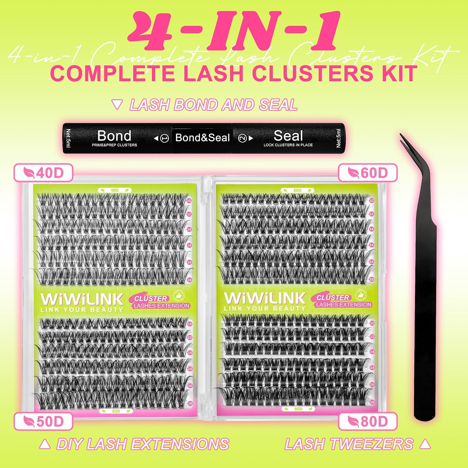 Thumbnail 4 de WiWiLINK Lash Clusters Kit, D Curl 10–18 mm, 40D–80D, 468 Pieces