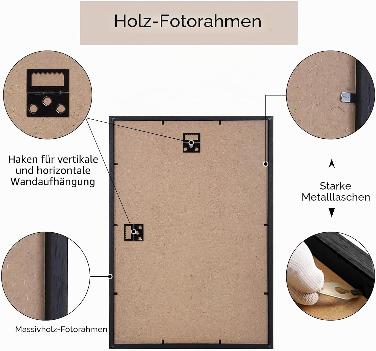Detalle de YEEPHAN Bilderrahmen A3 Schwarz – 3 Stück, Massivholz mit Kunststoffglas, Wandmontage