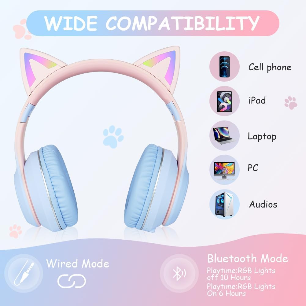 Thumbnail 6 de AXFEE Kinder-Kopfhörer mit Katzenohren – Bluetooth Over-Ear, LED, faltbar, Mikrofon, SD/TF, 105 dB Sicherung (Blau)