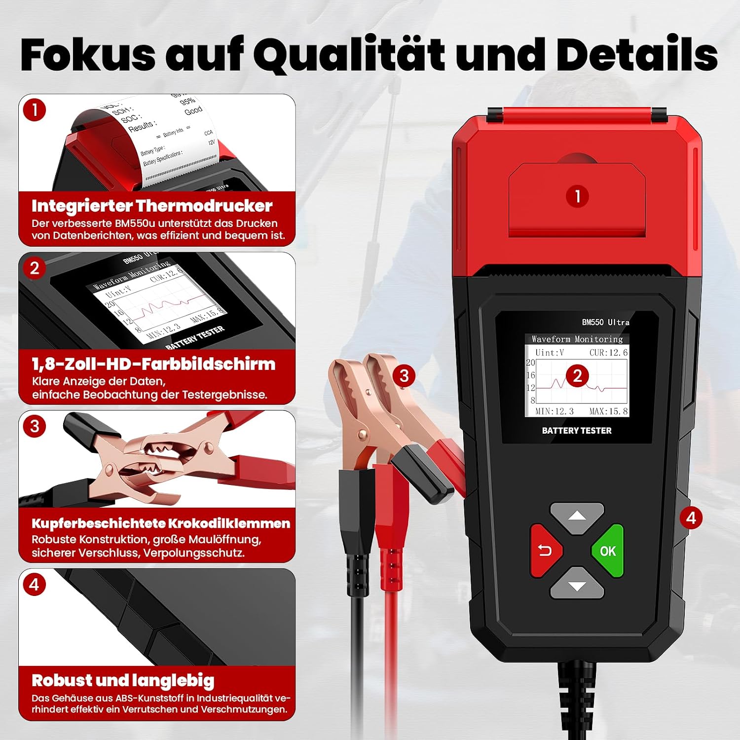 Detalle de BM550U Autobatterietester mit Drucker – 6V/12V/24V