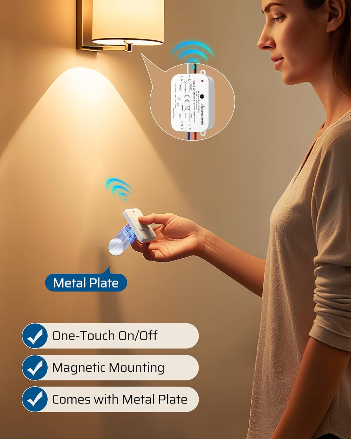 Detalle de DEWENWILS Interrupteur Sans Fil 230 V avec Récepteur – Contrôle pratique pour lampes et ventilateurs