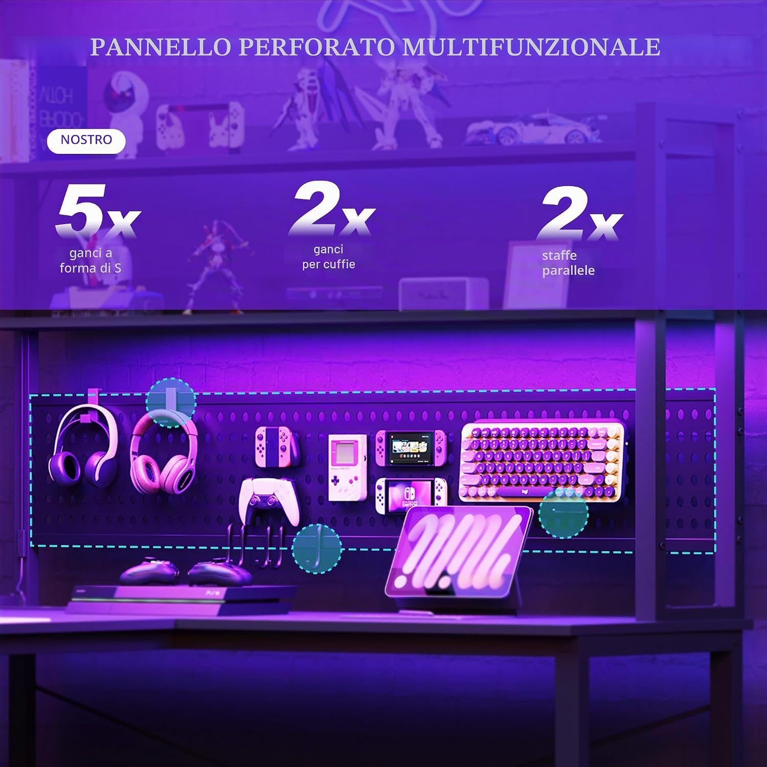 Detalle 2 de YOUDENOVA scrivania gaming angolare reversibile con pannello forato, libreria e LED RGB (155x100x152 cm) nero